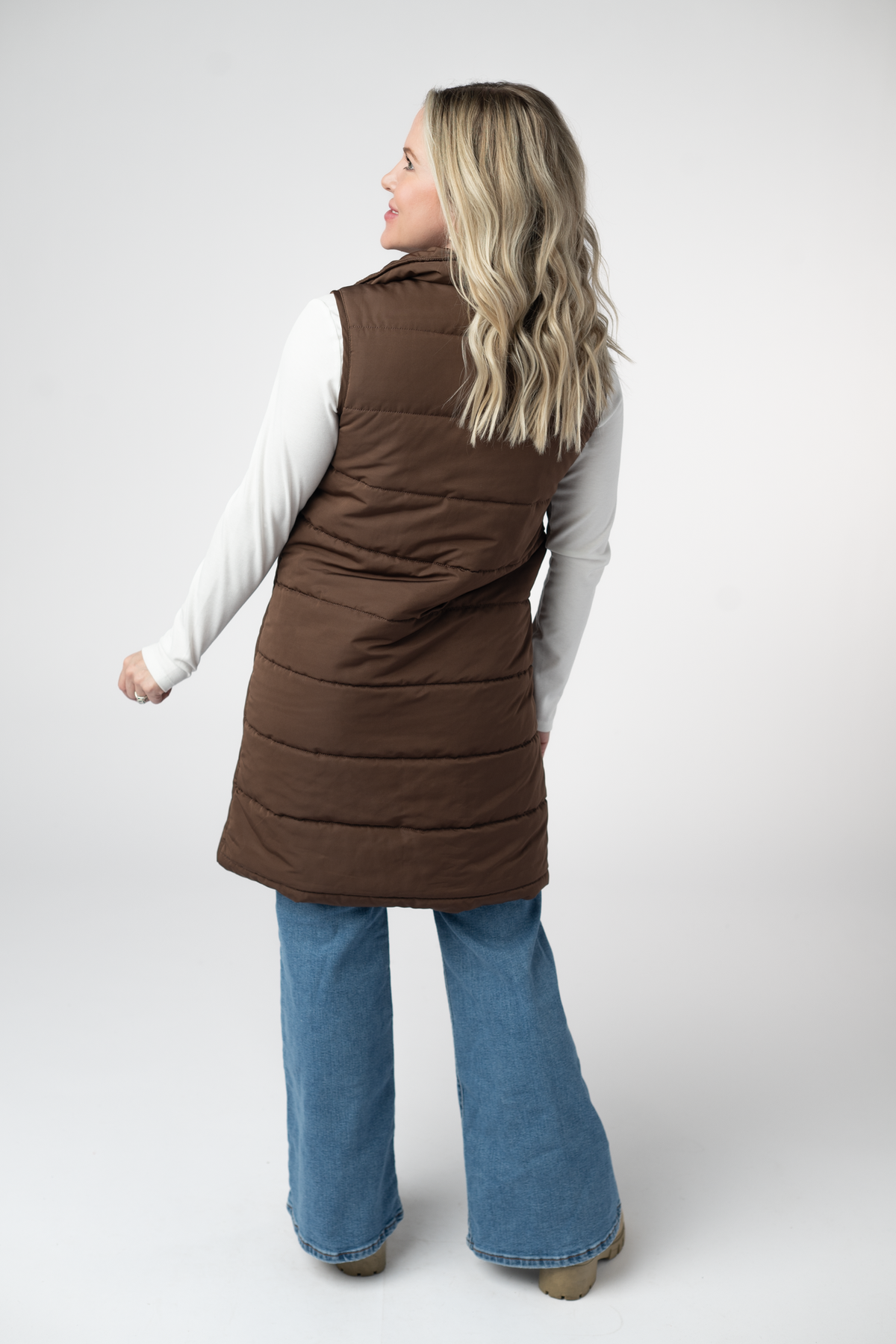 Harlow Long Vest Brown Layering Outerwear With Pockets And Zipper