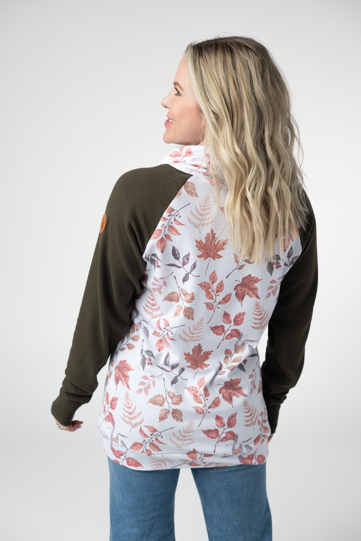 Classic Zoey ZipCowl Fall Sweatshirt Autumn Leaves Print Olive Long Sleeve