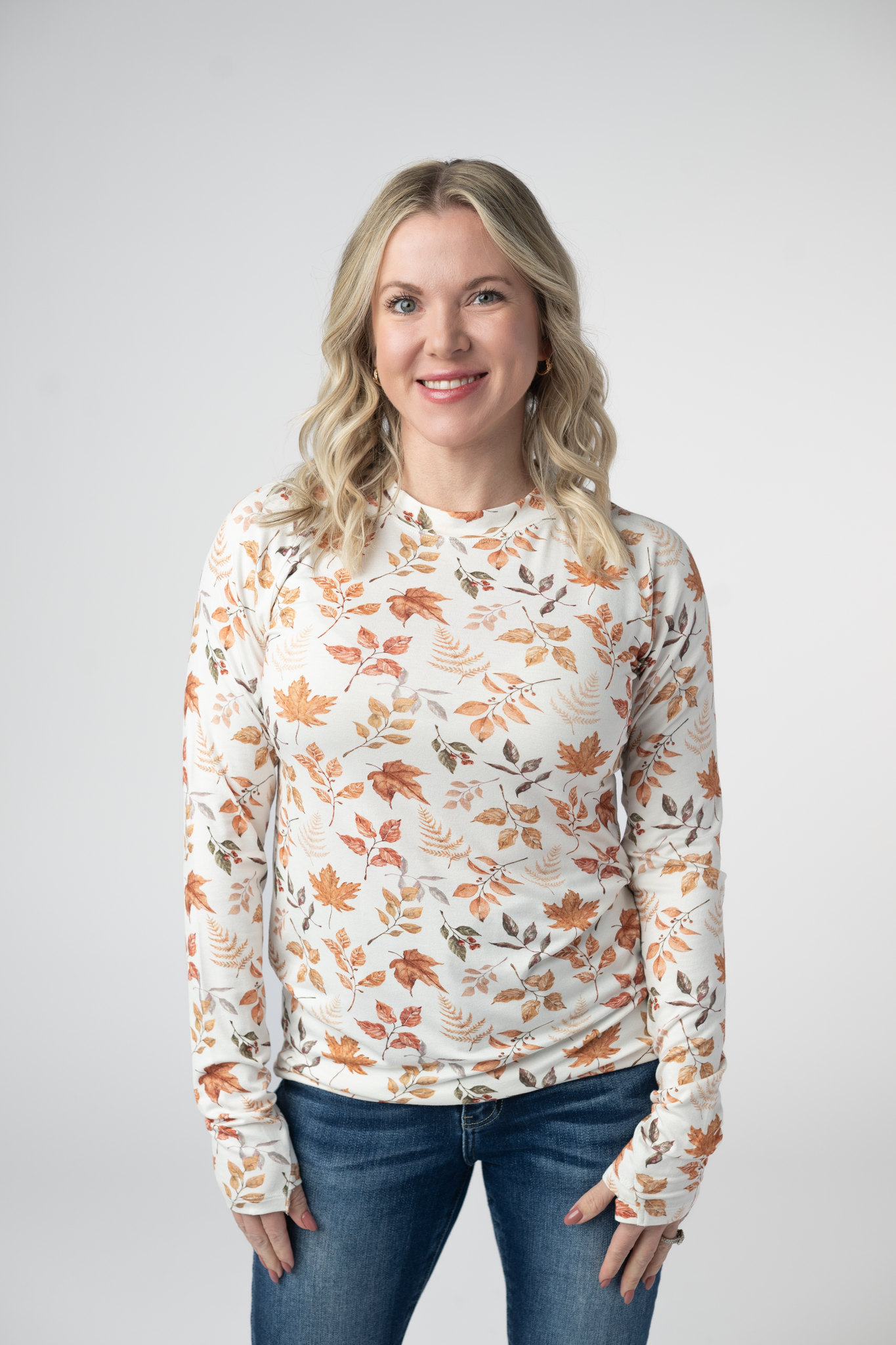 Fitted Long Sleeve Top With Thumbholes And High Neck Harvest Leaves Print