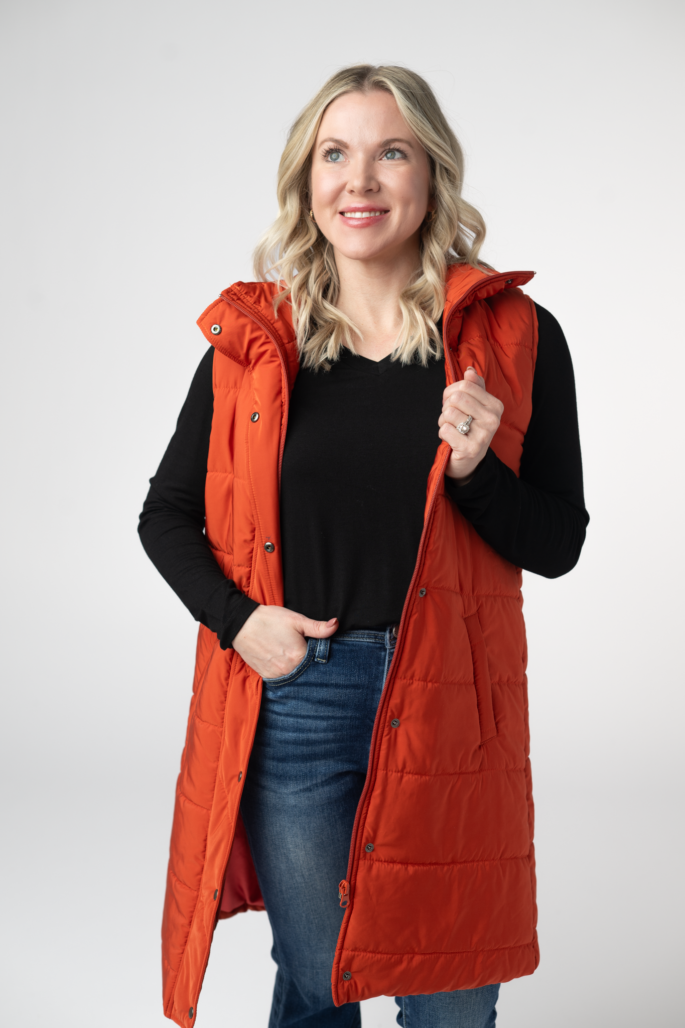 Harlow Long Vest Dual Pockets Pumpkin Zipper Button Outerwear