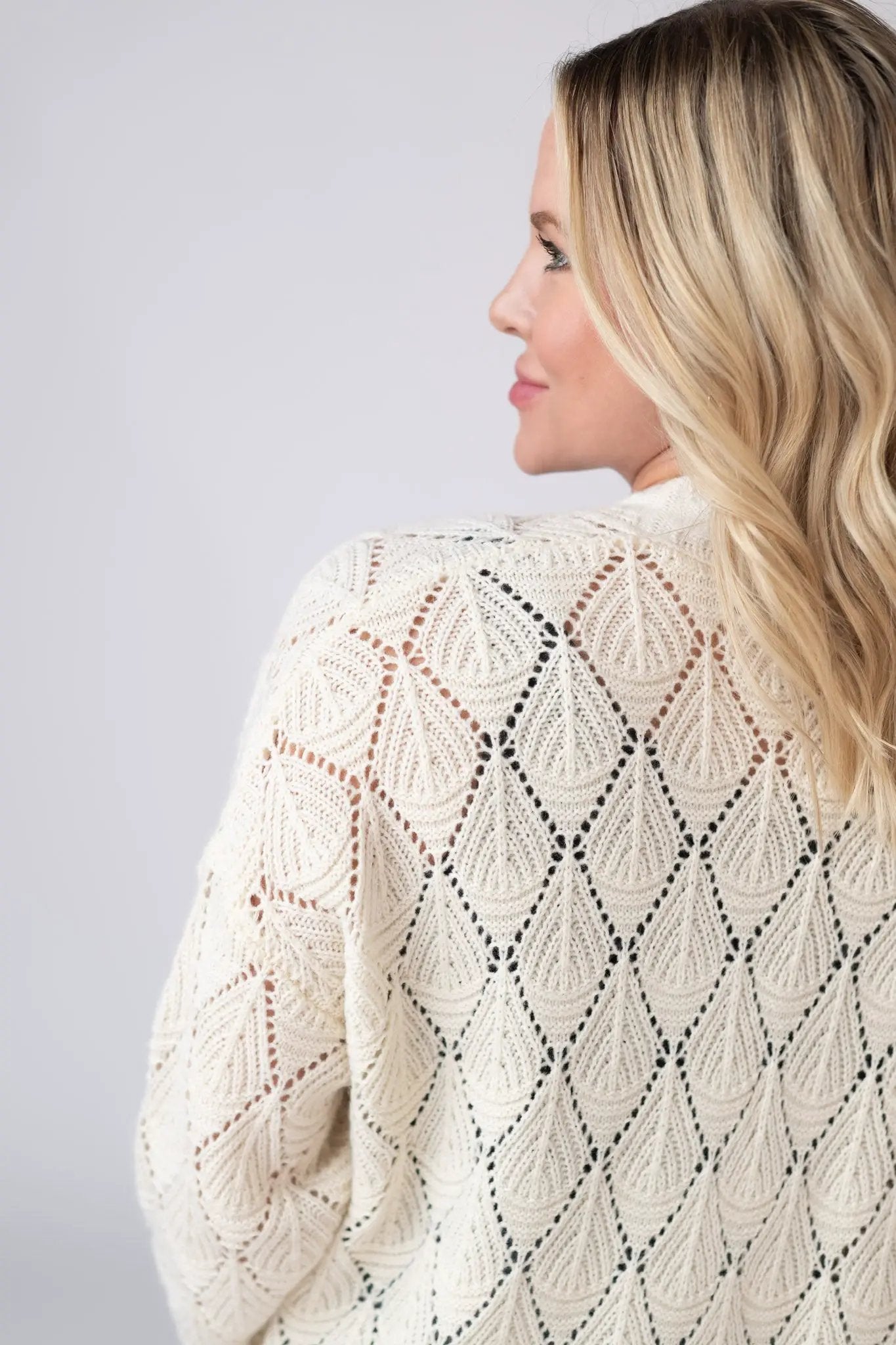 Ivory Open Knit Cardigan With Two Pockets Pure Acrylic Cozy Top
