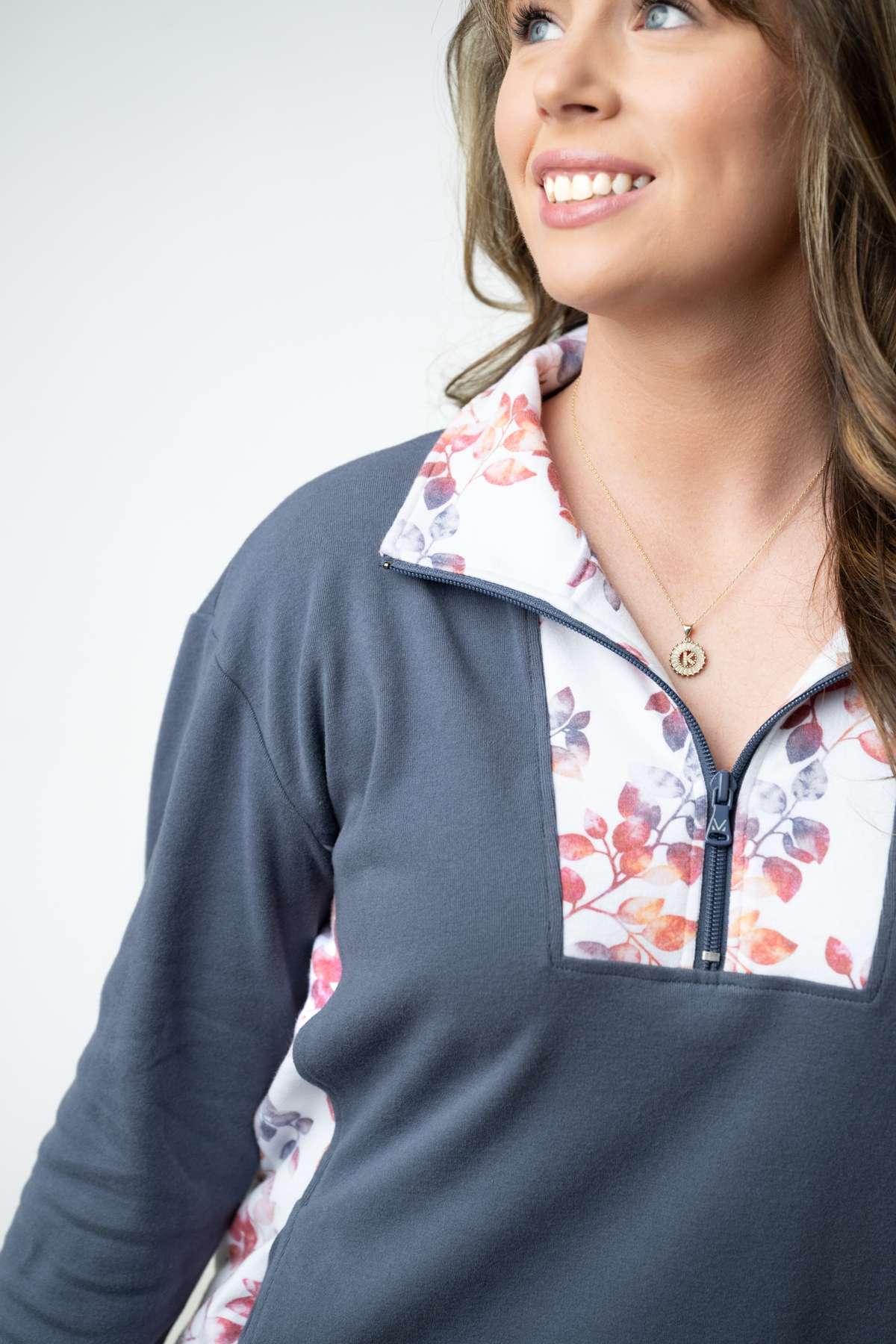 IN STOCK Rowan Zip Pullover - Slate Blue and Autumn Watercolor by Michelle Mae