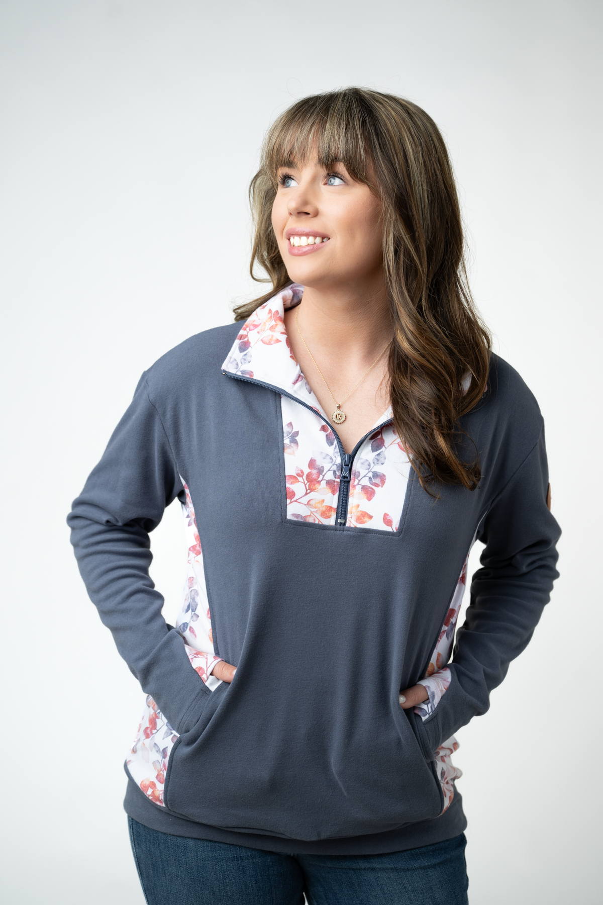 IN STOCK Rowan Zip Pullover - Slate Blue and Autumn Watercolor by Michelle Mae
