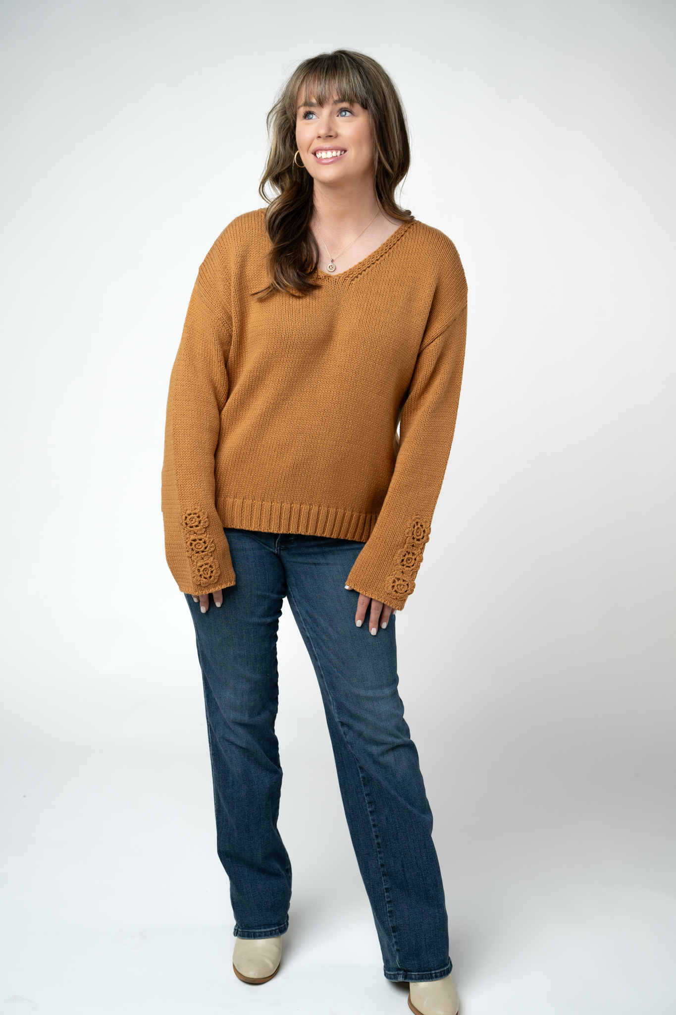 Camel Crochet Sleeve Top With Floral Detail Deep V Neck Thick Fall Top