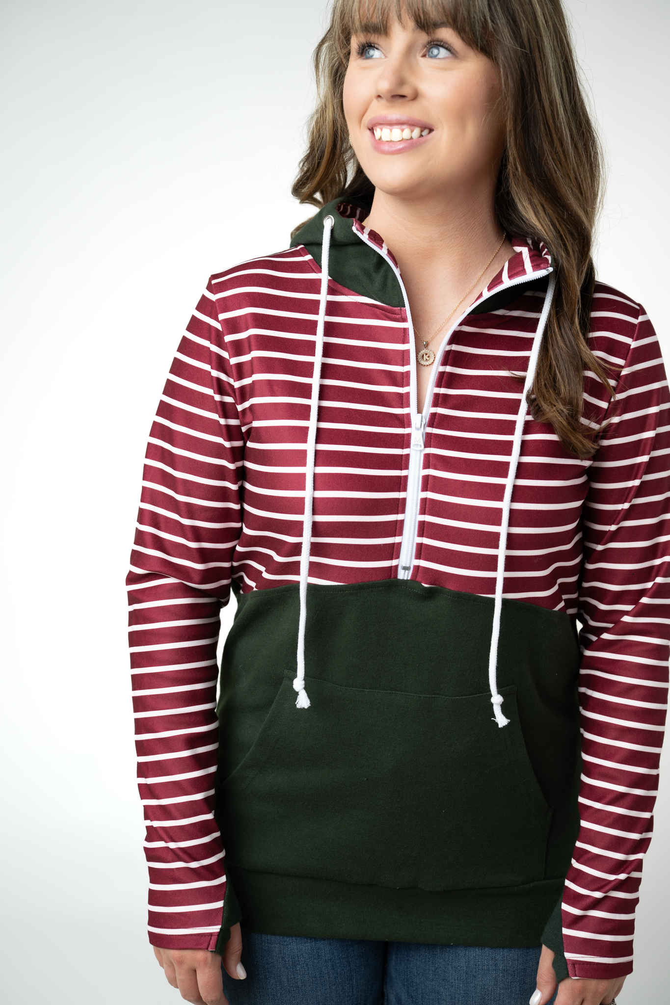 IN STOCK Soft Classic HalfZip Hoodie - Evergreen and Burgundy Stripes by Michelle Mae