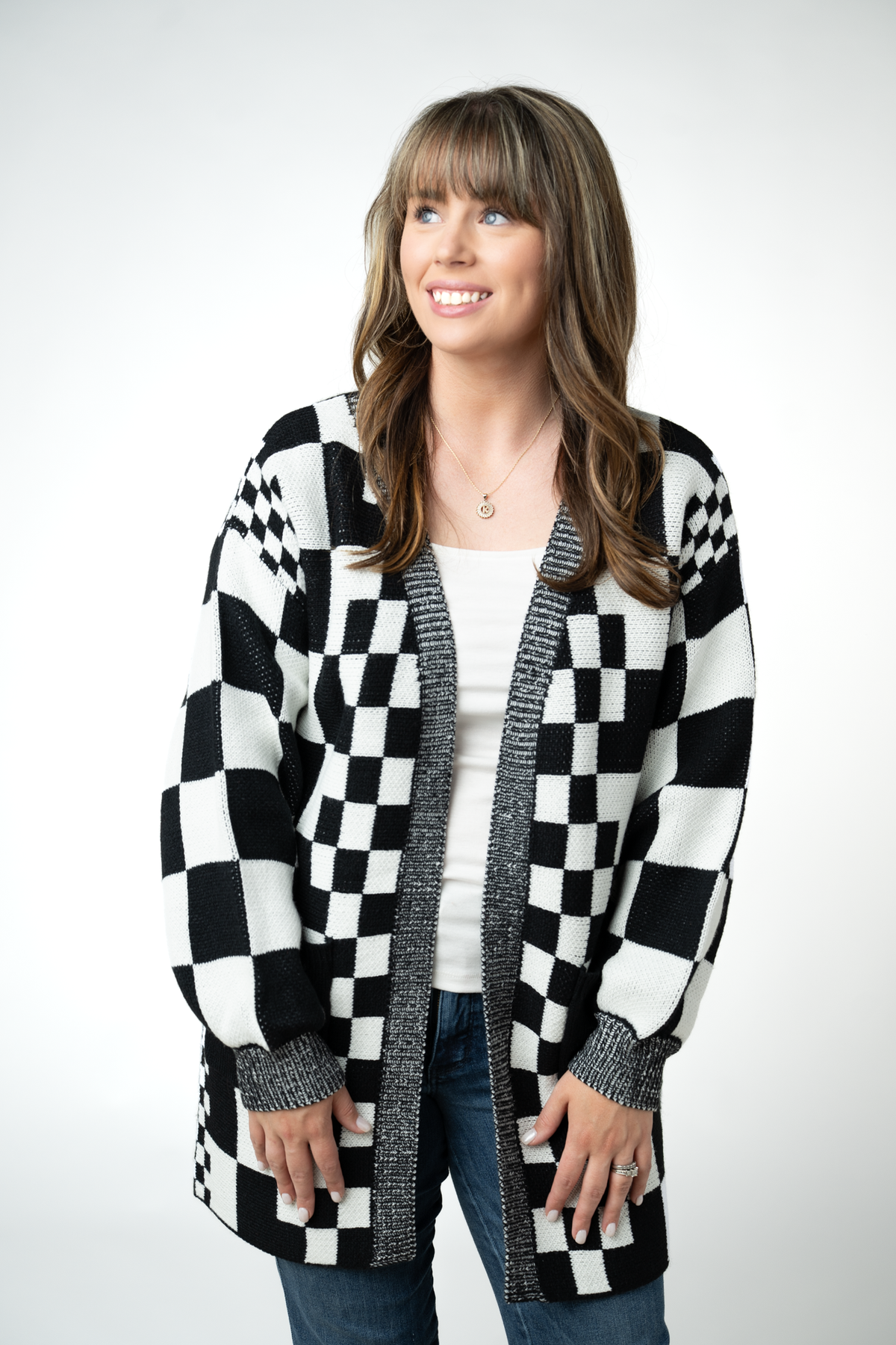 IN STOCK Long Checkered Pocket Cardigan - Black and White by Michelle Mae