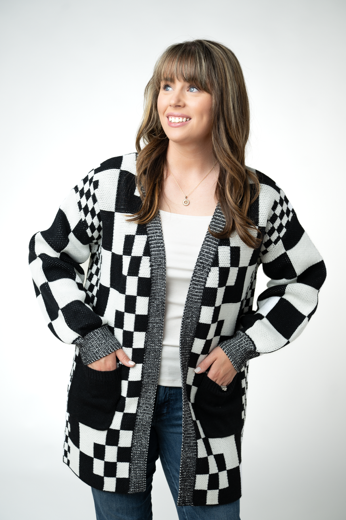 IN STOCK Long Checkered Pocket Cardigan - Black and White by Michelle Mae
