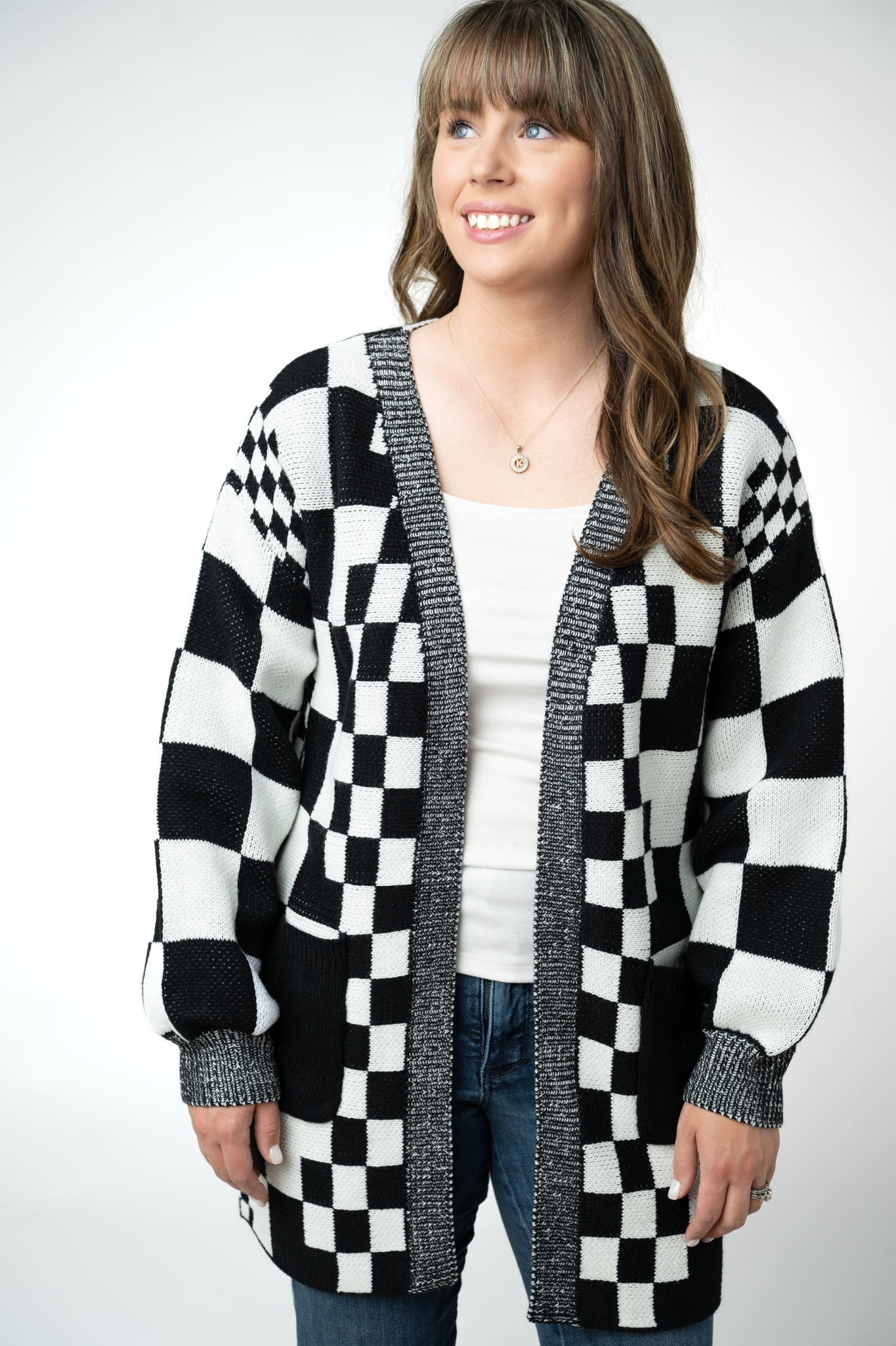 IN STOCK Long Checkered Pocket Cardigan - Black and White by Michelle Mae