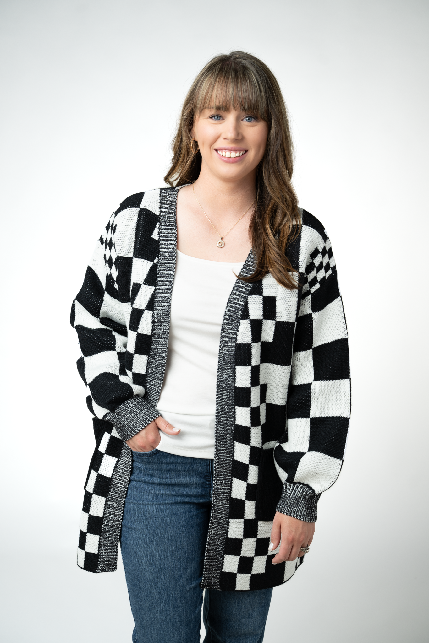IN STOCK Long Checkered Pocket Cardigan - Black and White by Michelle Mae