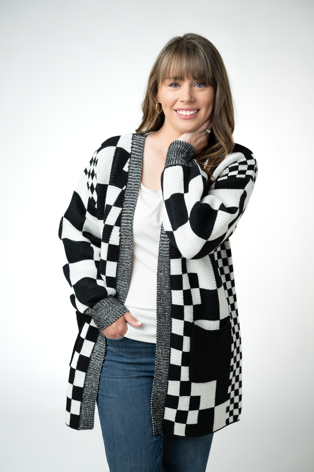 IN STOCK Long Checkered Pocket Cardigan - Black and White by Michelle Mae