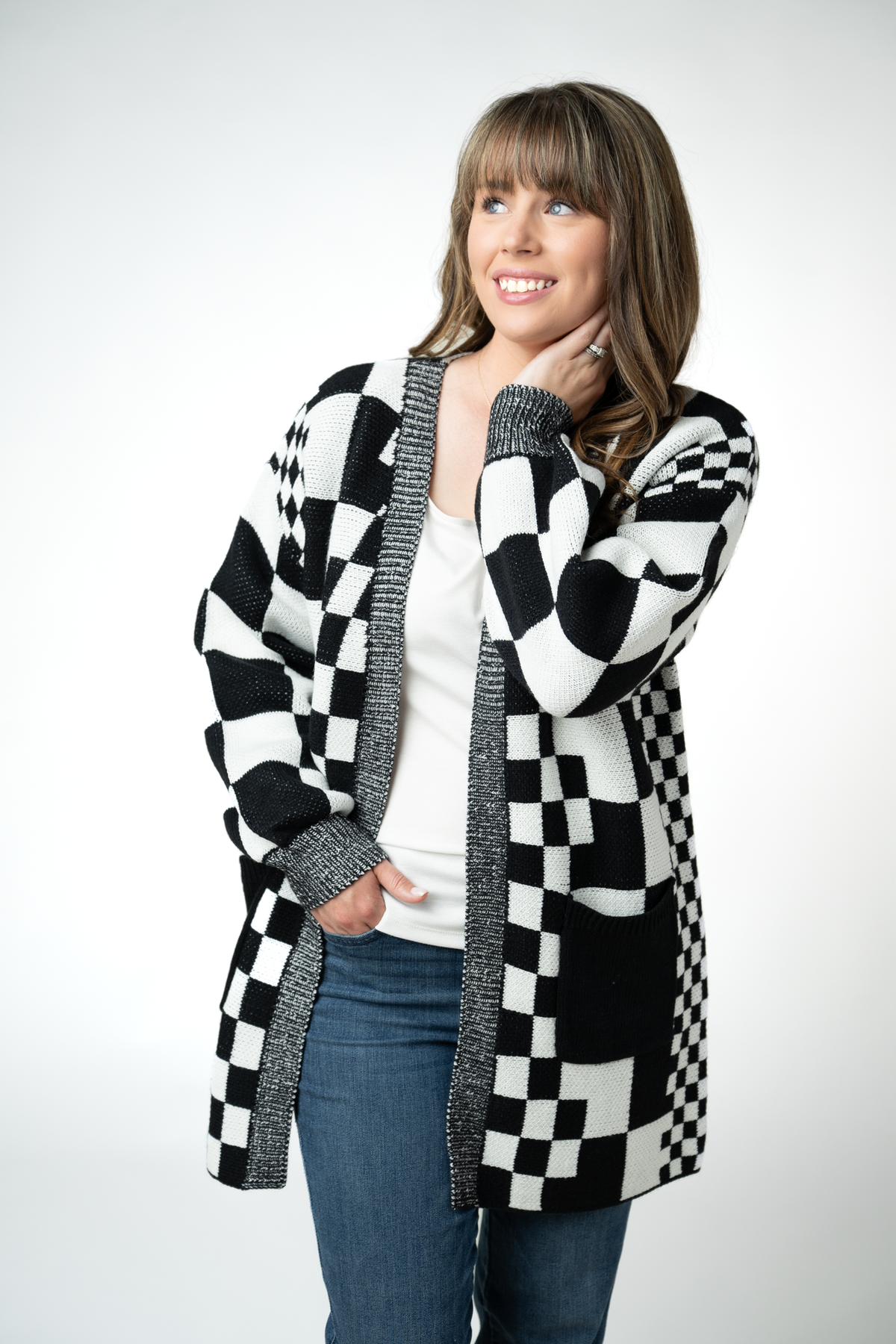 IN STOCK Long Checkered Pocket Cardigan - Black and White by Michelle Mae