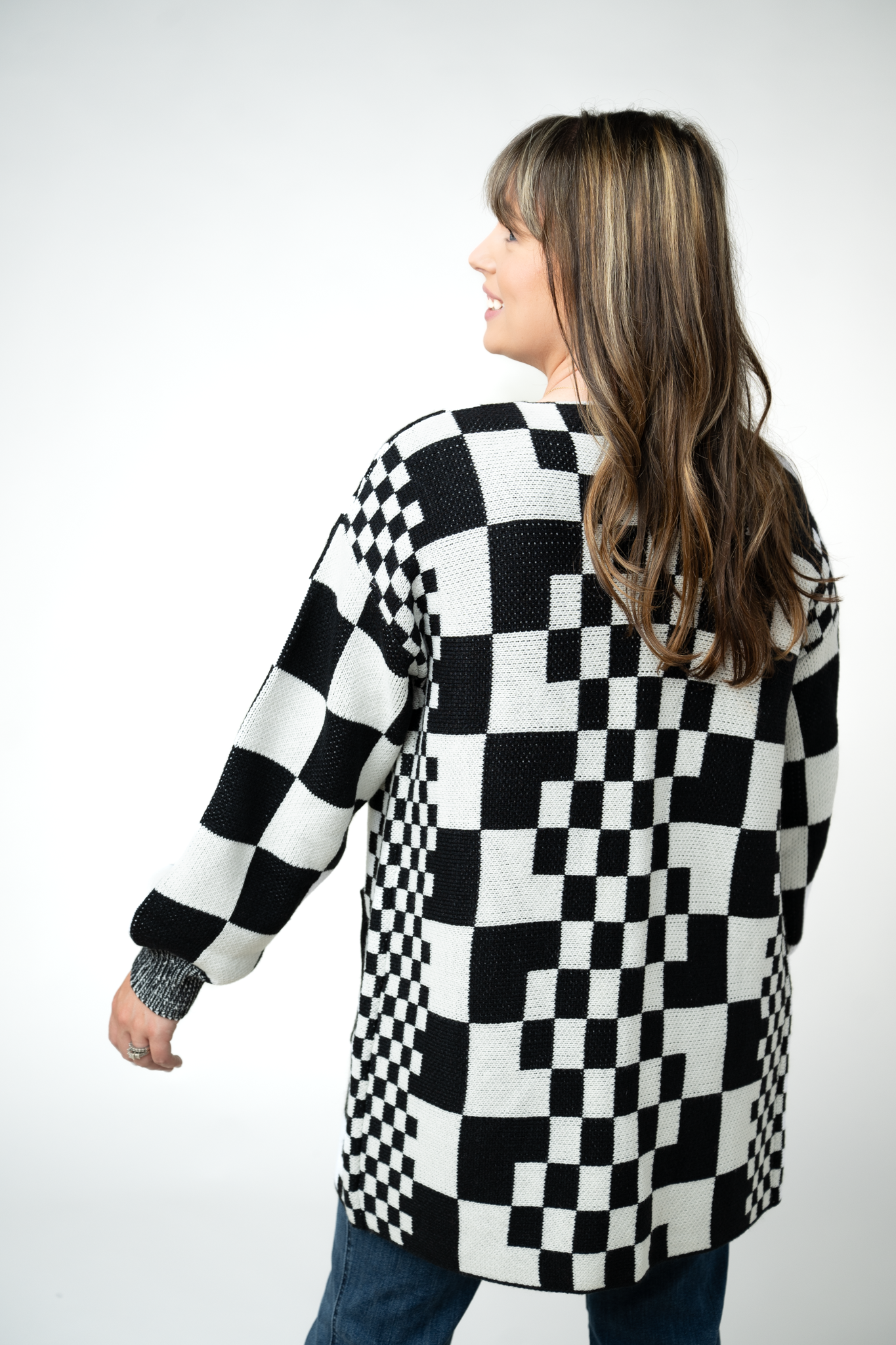 IN STOCK Long Checkered Pocket Cardigan - Black and White by Michelle Mae
