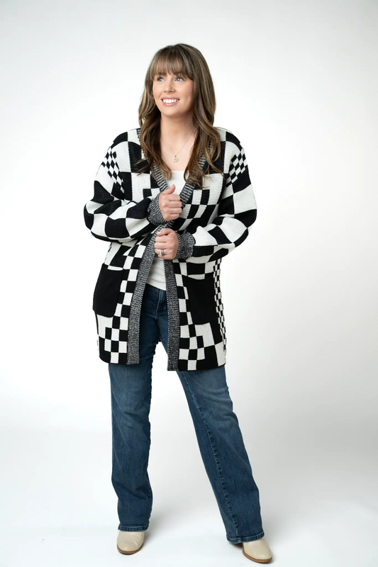Long Checkered Pocket Cardigan - Black and White by Michelle Mae