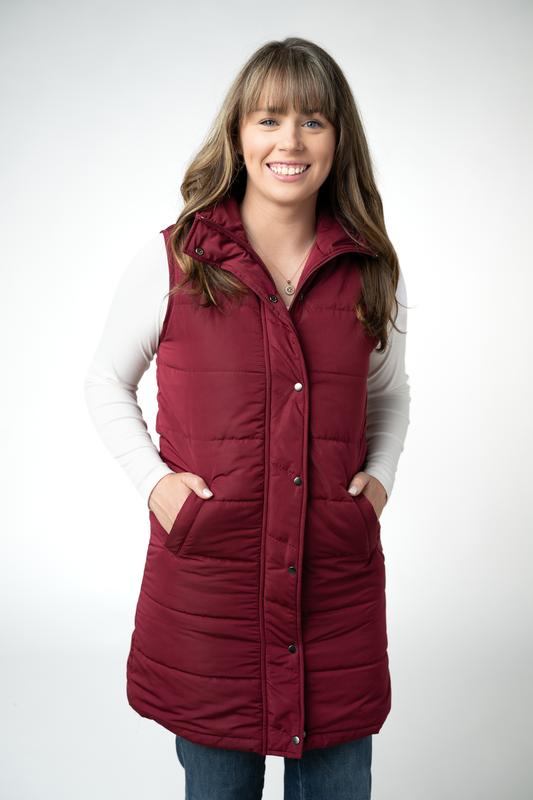 IN STOCK Harlow Long Vest - Burgundy by Michelle Mae