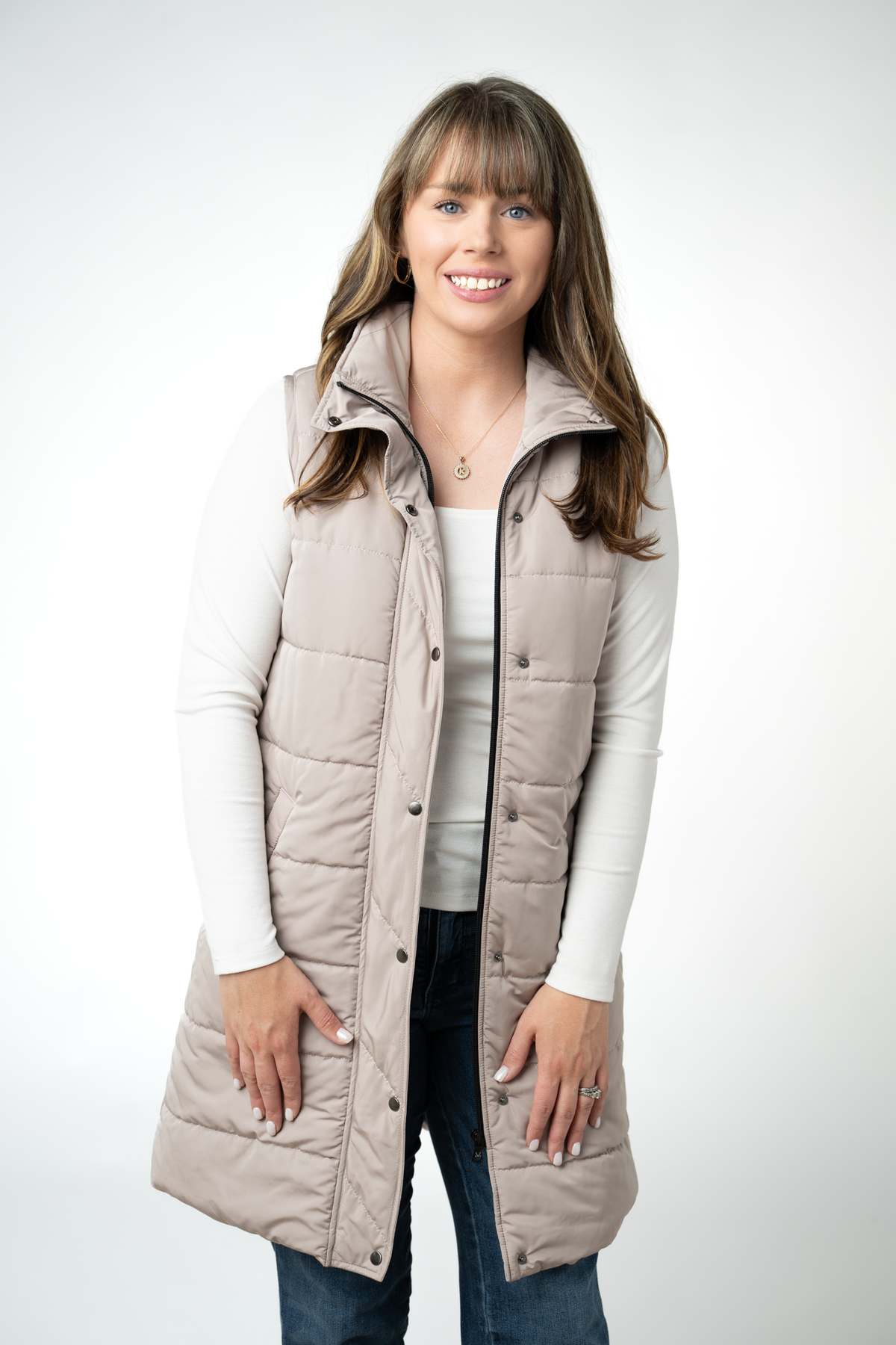 IN STOCK Harlow Long Vest - Latte by Michelle Mae