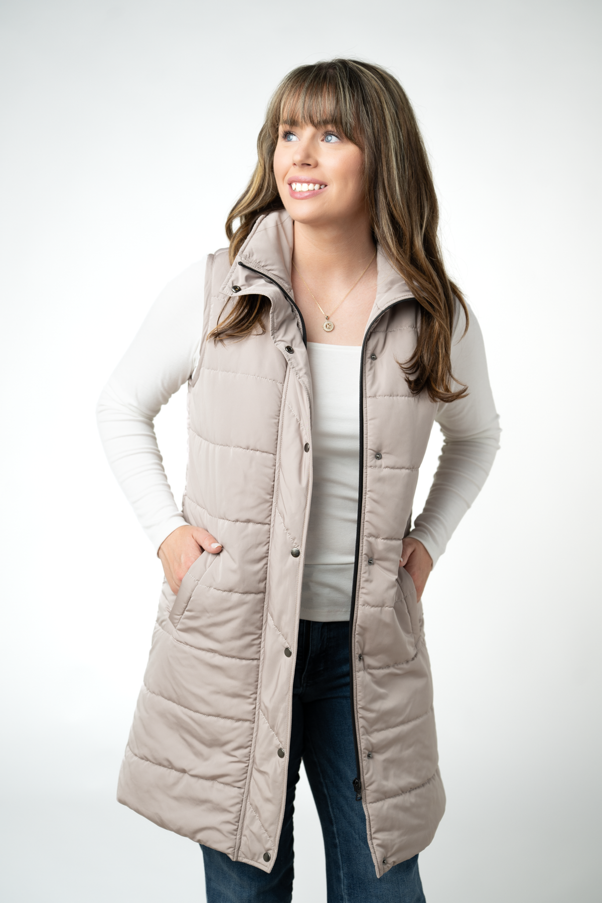 IN STOCK Harlow Long Vest - Latte by Michelle Mae