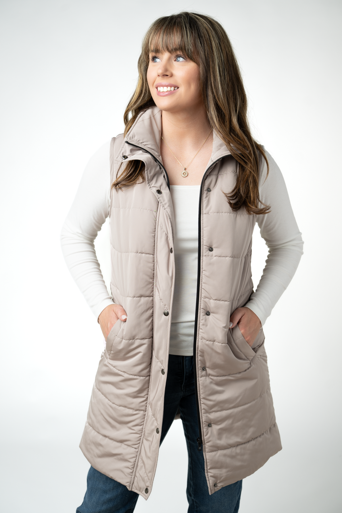 IN STOCK Harlow Long Vest - Latte by Michelle Mae