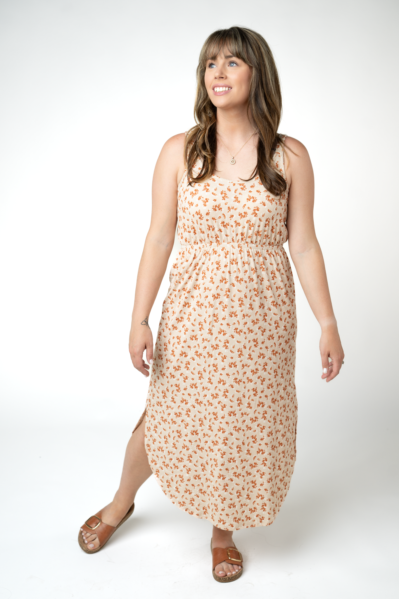IN STOCK Reagan Ribbed Midi Dress - Sand and Rust Floral by Michelle Mae