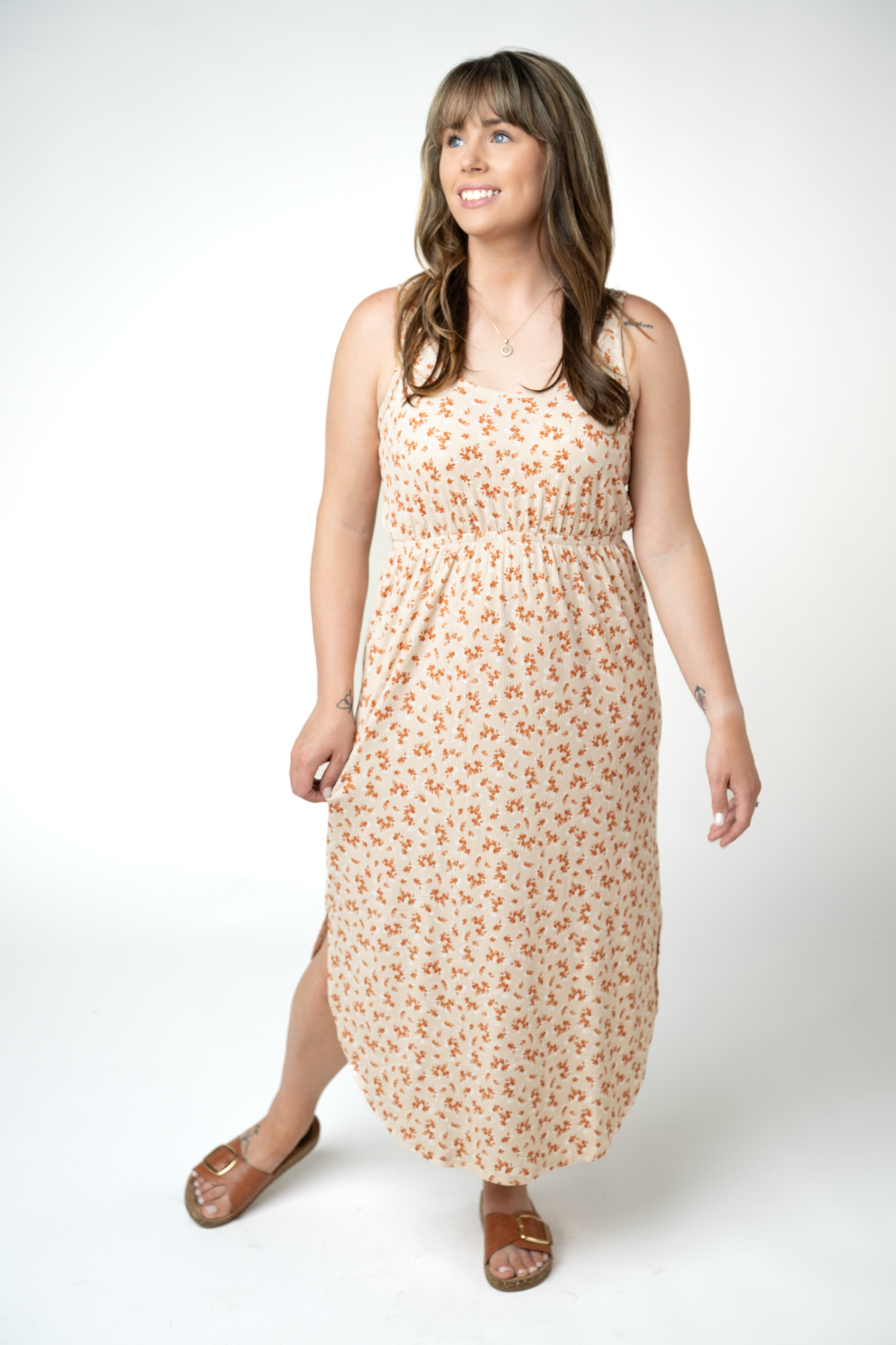 IN STOCK Reagan Ribbed Midi Dress - Sand and Rust Floral by Michelle Mae