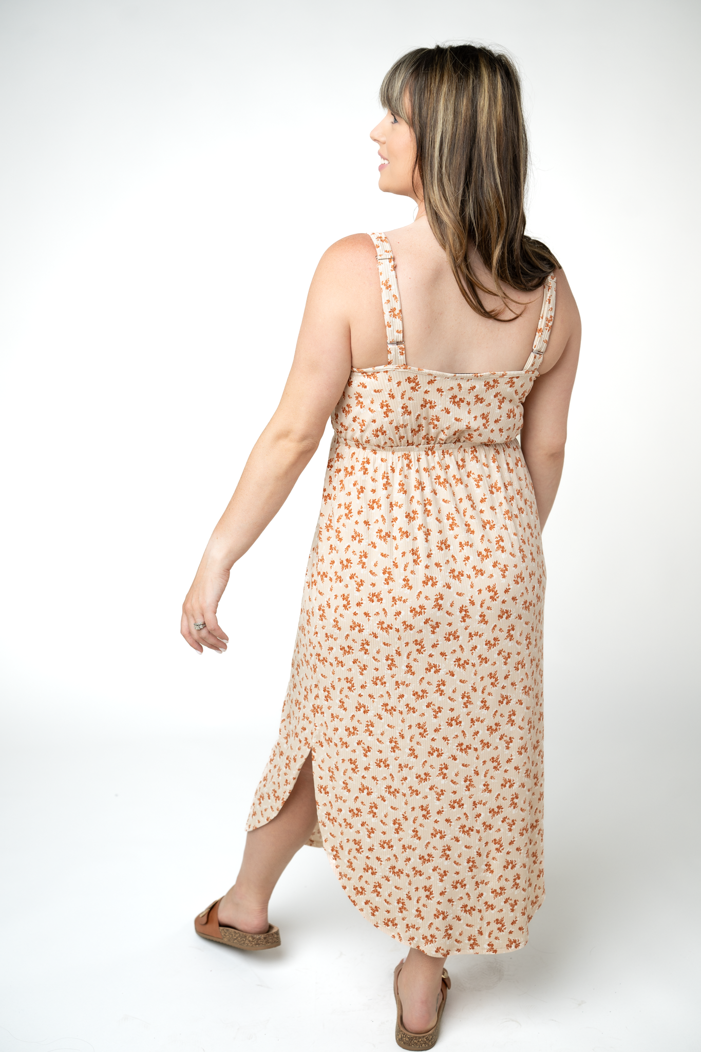 IN STOCK Reagan Ribbed Midi Dress - Sand and Rust Floral by Michelle Mae