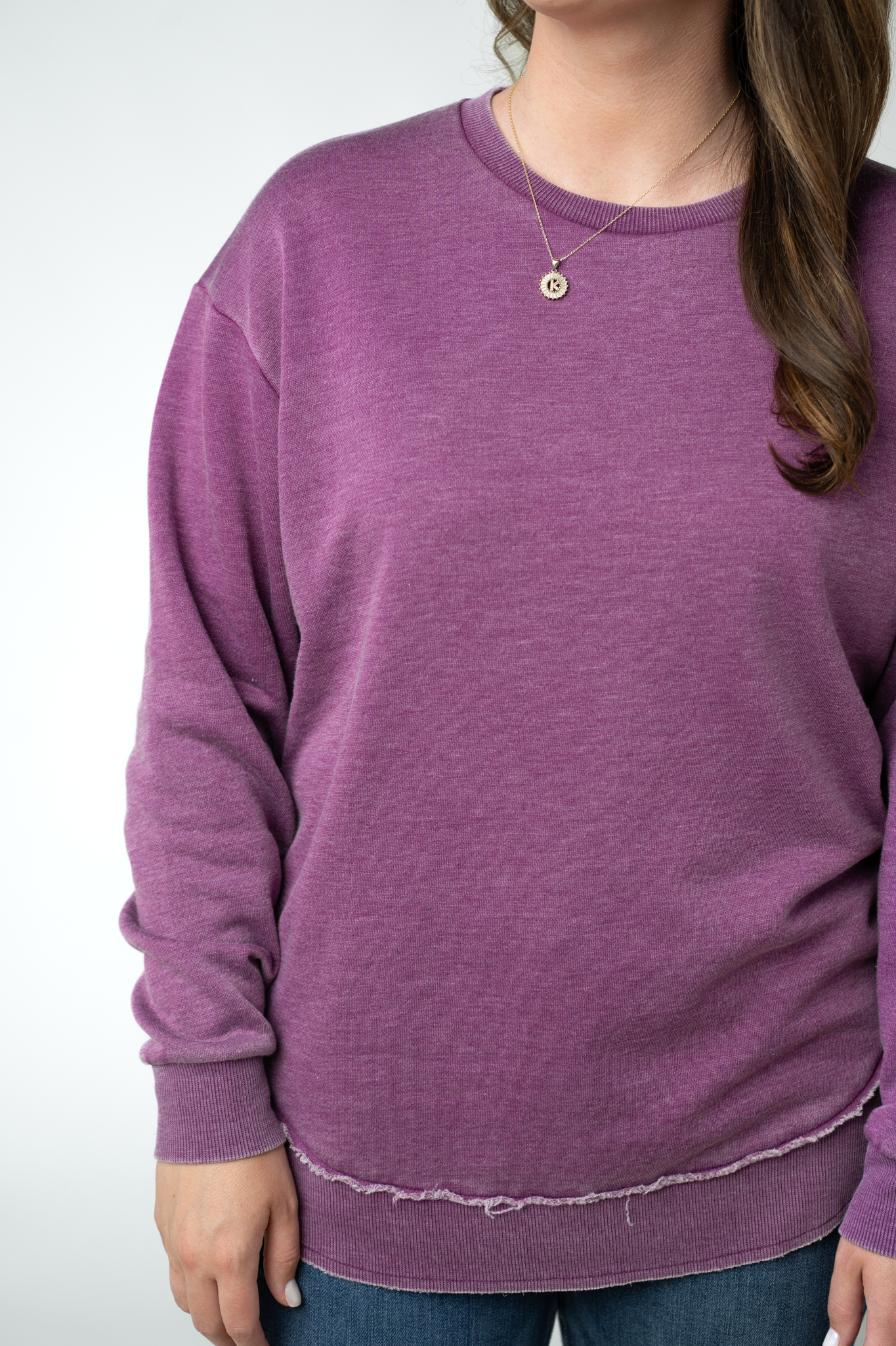 Womens Vintage Wash Crew Neck Pullover Featuring Curved Hem