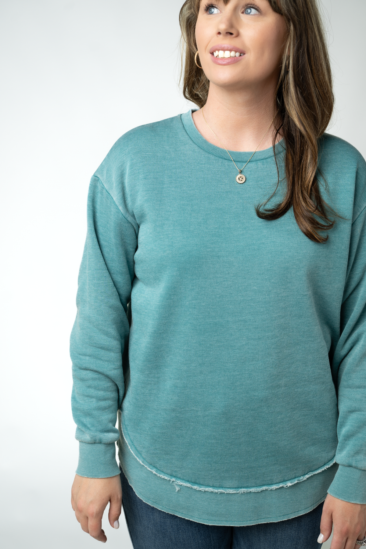 Womens Classic Vintage Wash Crew Neck Pullover In Teal