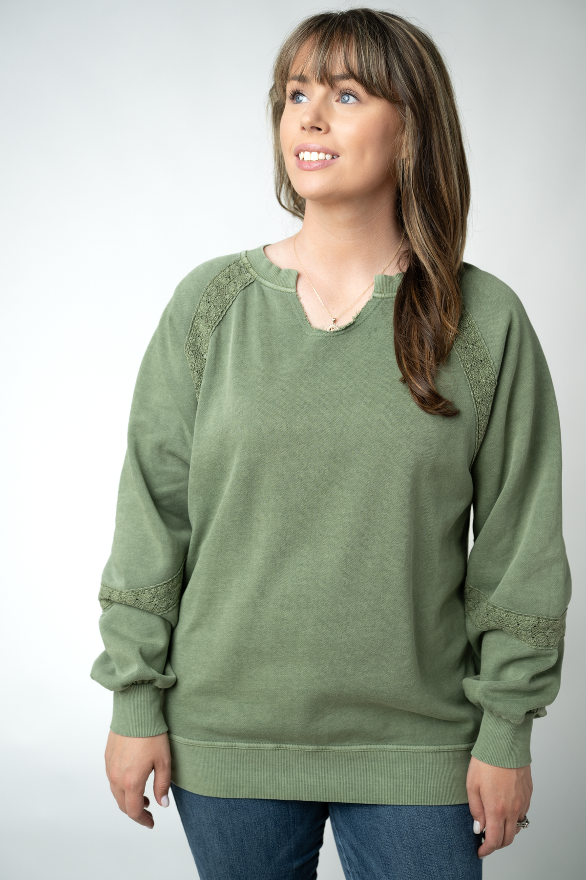 IN STOCK Lace Accent Vintage Wash Pullover - Olive by Michelle Mae