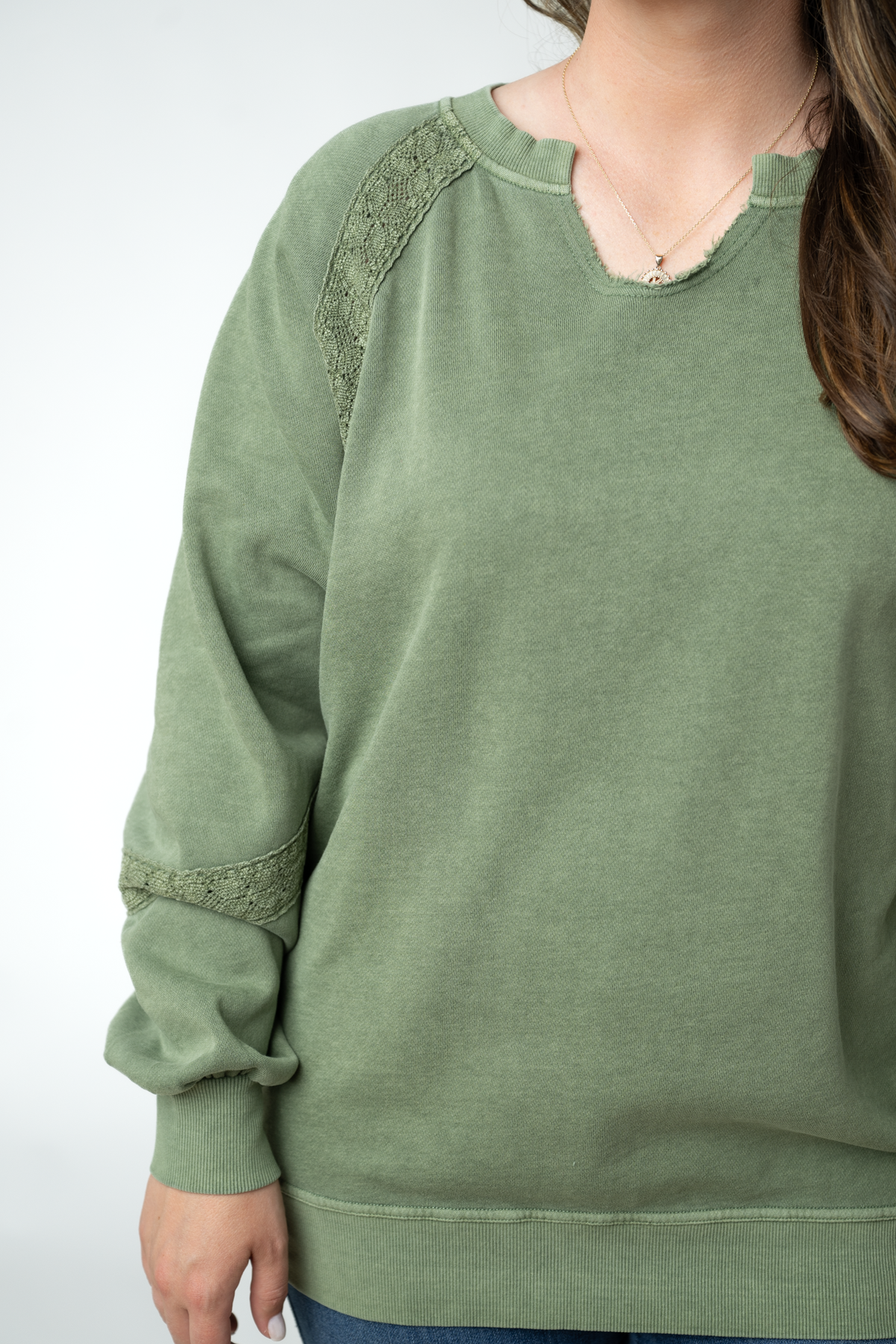 IN STOCK Lace Accent Vintage Wash Pullover - Olive by Michelle Mae