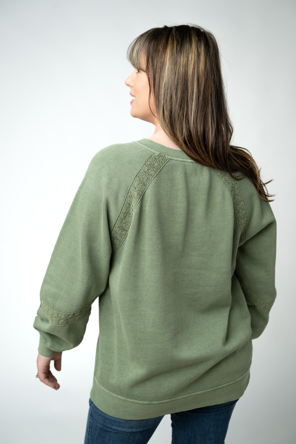 IN STOCK Lace Accent Vintage Wash Pullover - Olive by Michelle Mae