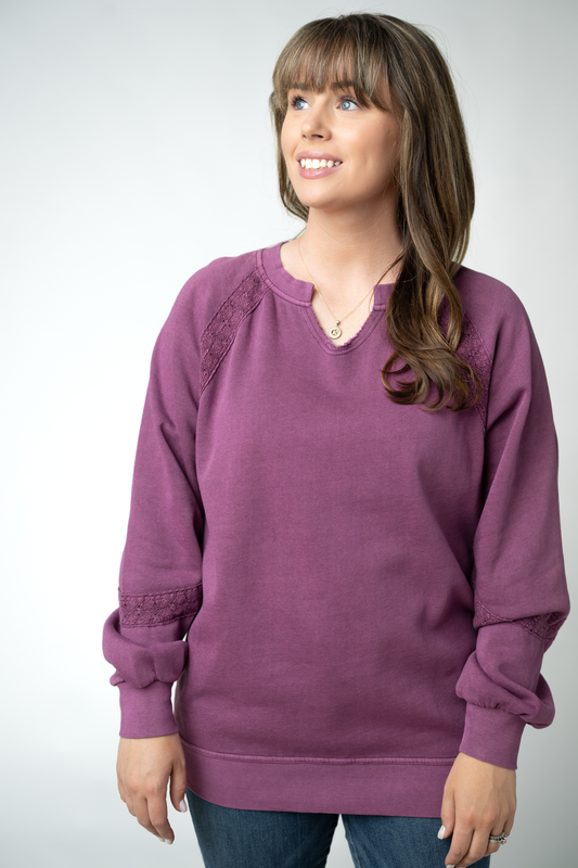 Lace Accent Vintage Wash Pullover - Purple by Michelle Mae