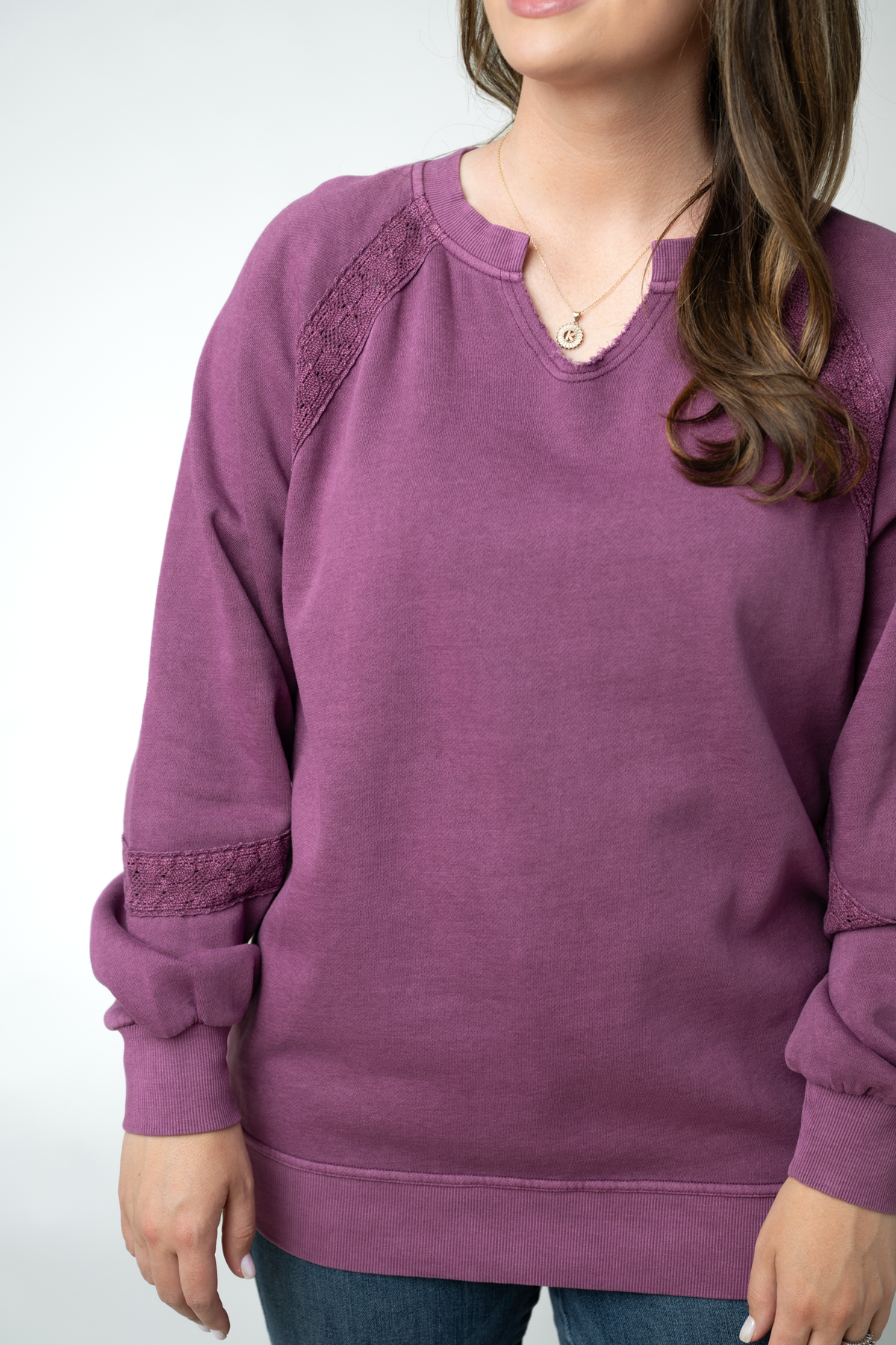 IN STOCK Lace Accent Vintage Wash Pullover - Purple by Michelle Mae