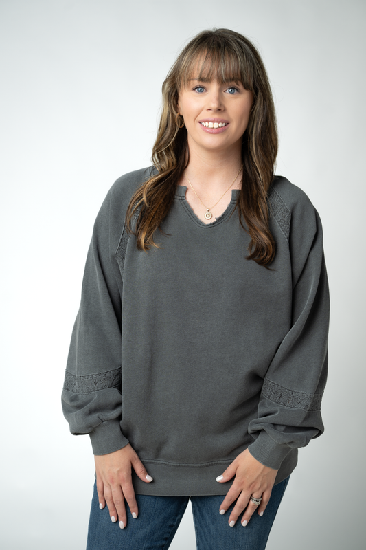Lace Accent Vintage Wash Pullover - Black by Michelle Mae
