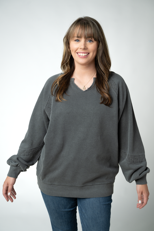 Lace Accent Vintage Wash Pullover - Black by Michelle Mae