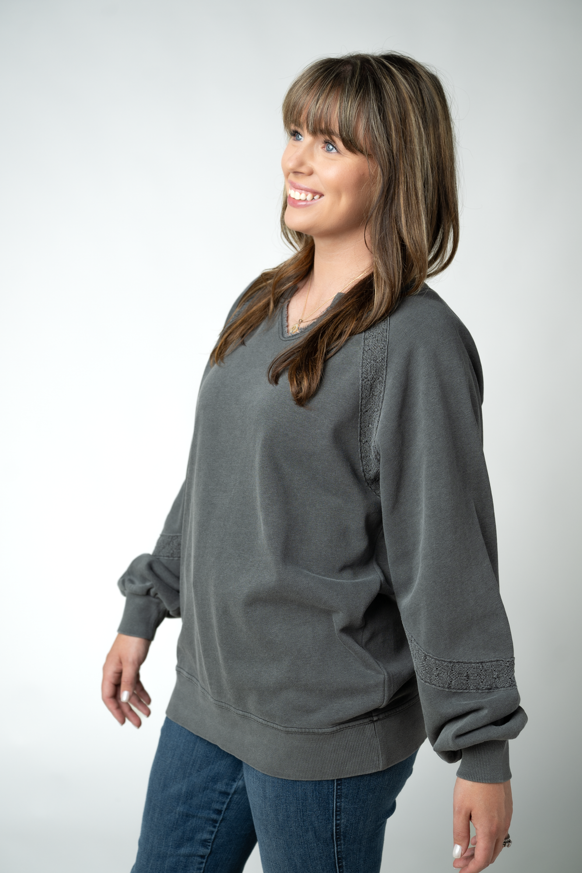 IN STOCK Lace Accent Vintage Wash Pullover - Black by Michelle Mae