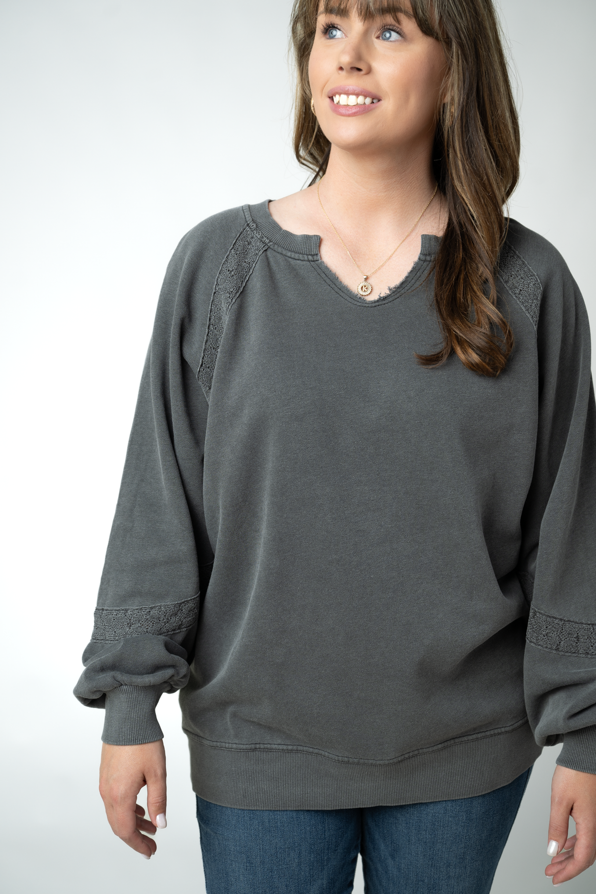 IN STOCK Lace Accent Vintage Wash Pullover - Black by Michelle Mae