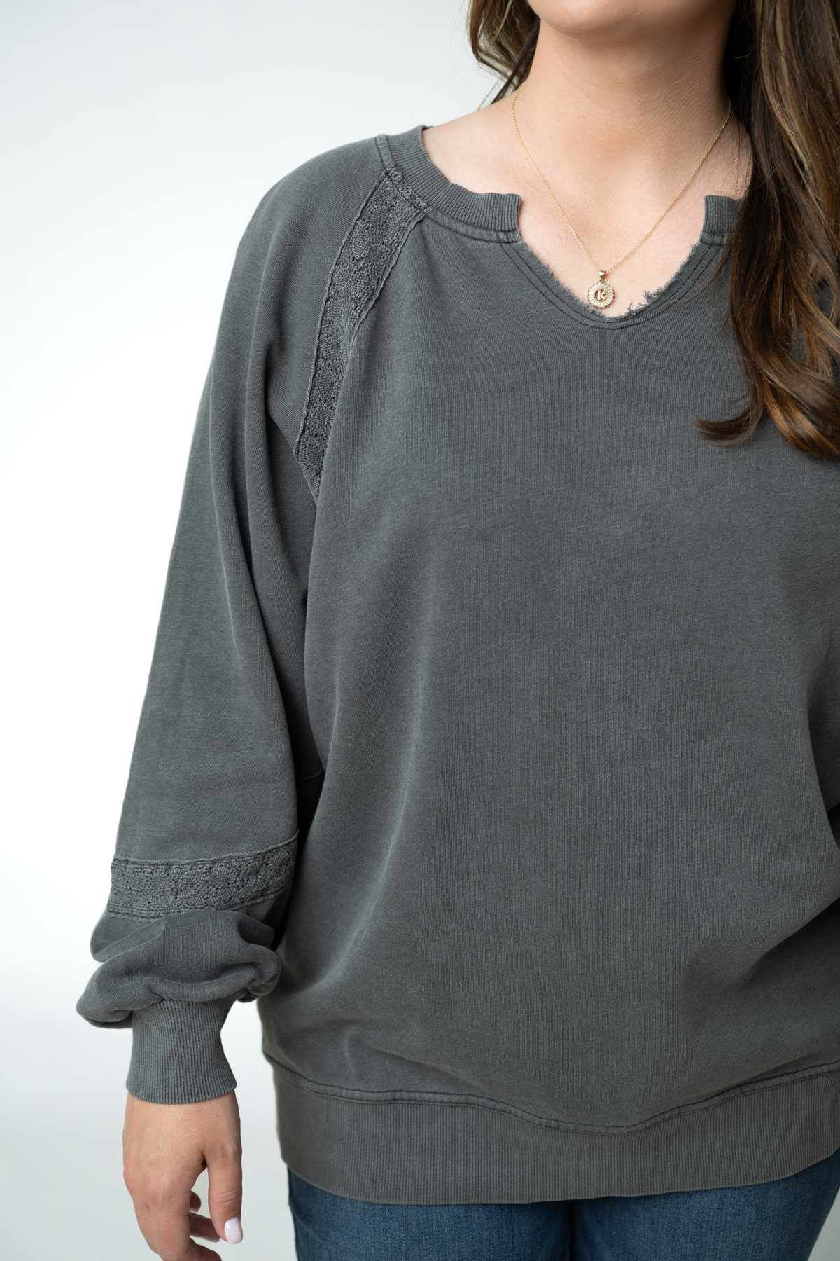 IN STOCK Lace Accent Vintage Wash Pullover - Black by Michelle Mae