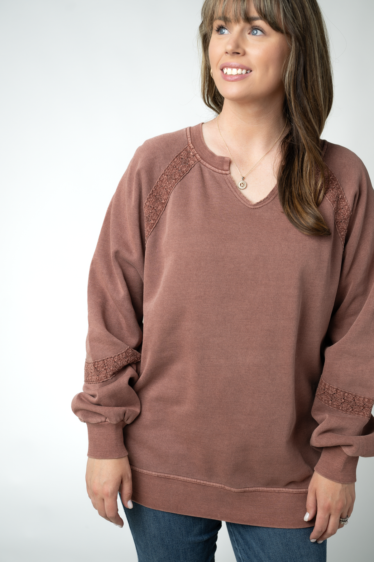 IN STOCK Lace Accent Vintage Wash Pullover - Brown by Michelle Mae