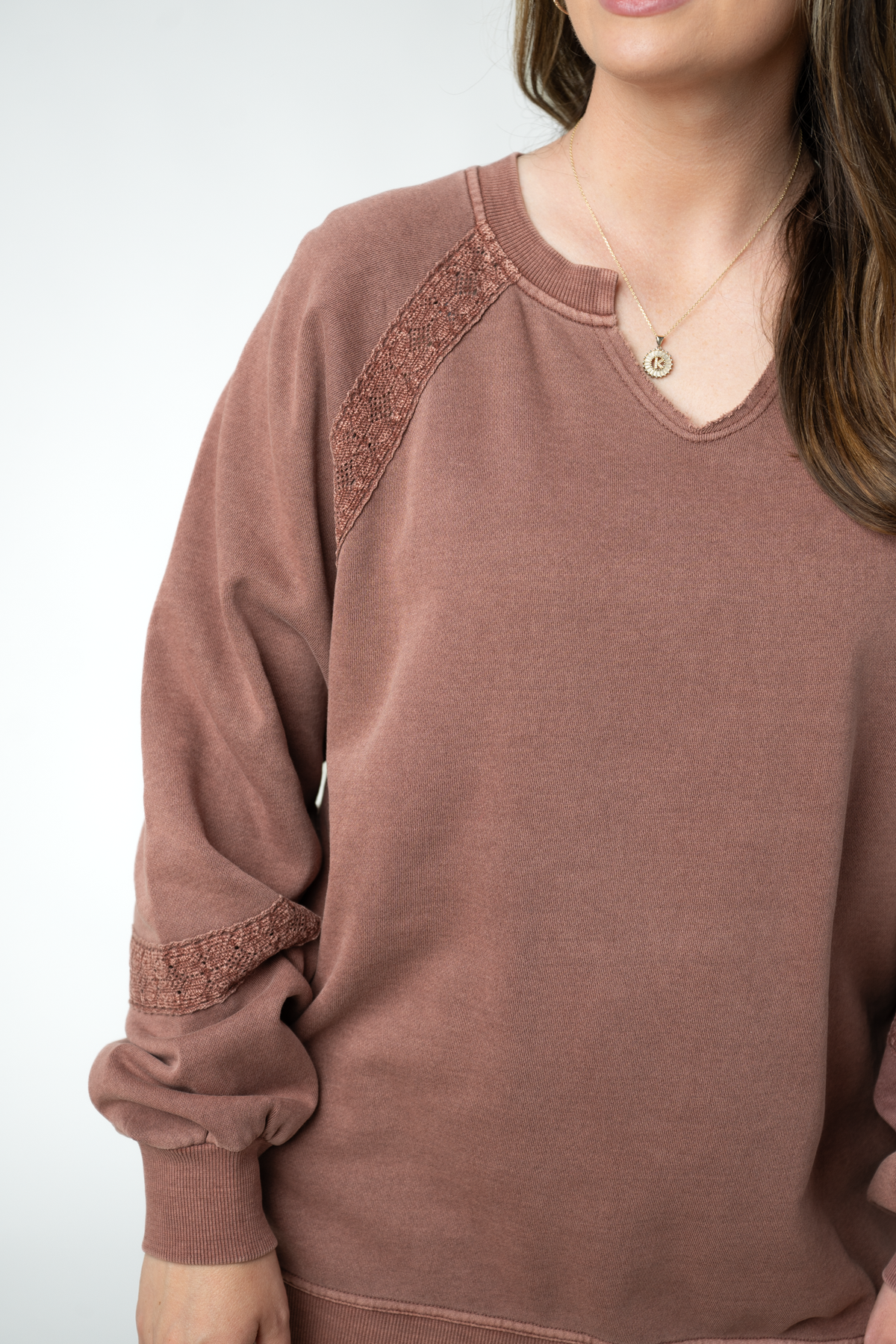 IN STOCK Lace Accent Vintage Wash Pullover - Brown by Michelle Mae