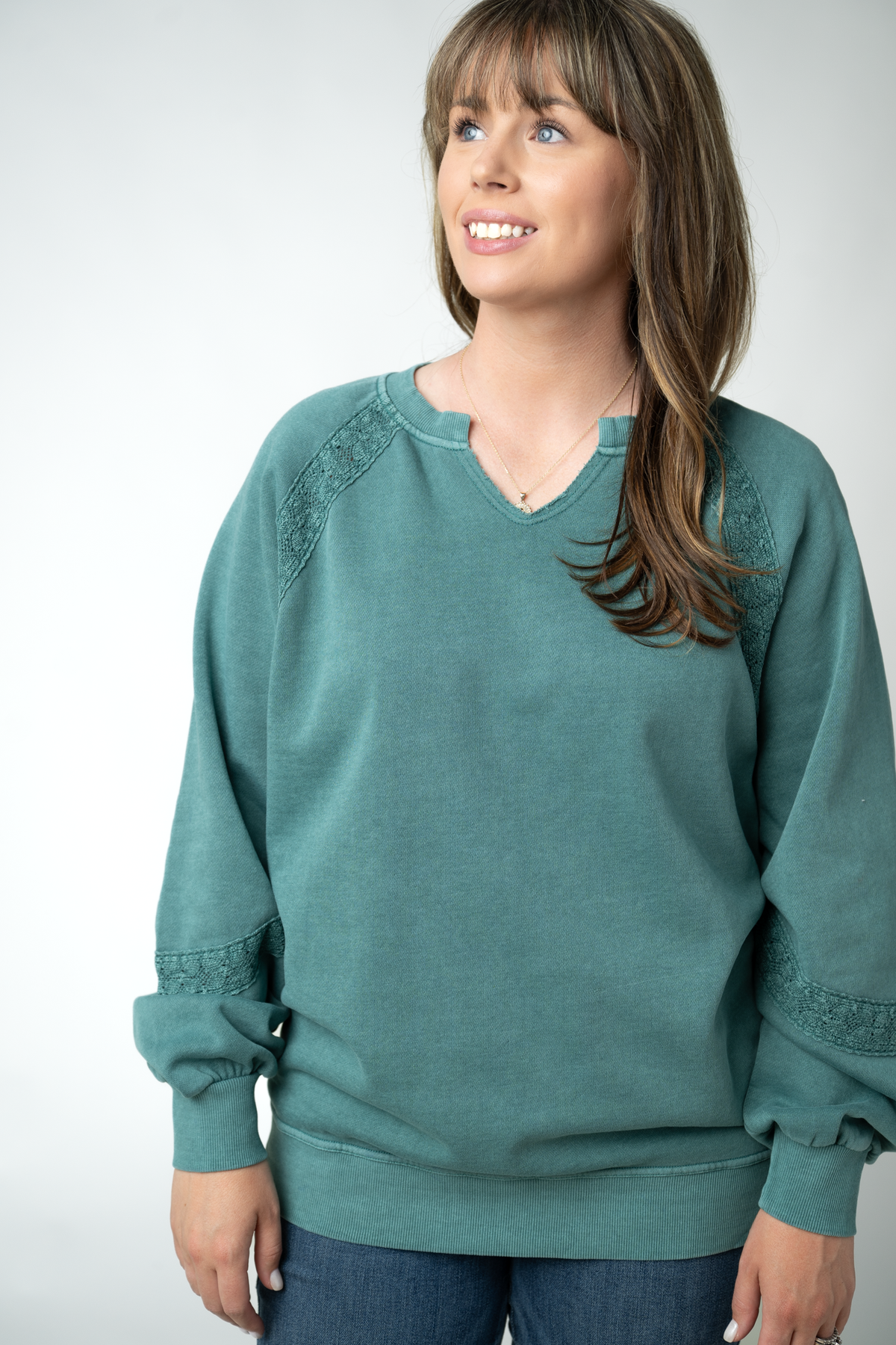 IN STOCK Lace Accent Vintage Wash Pullover - Teal by Michelle Mae
