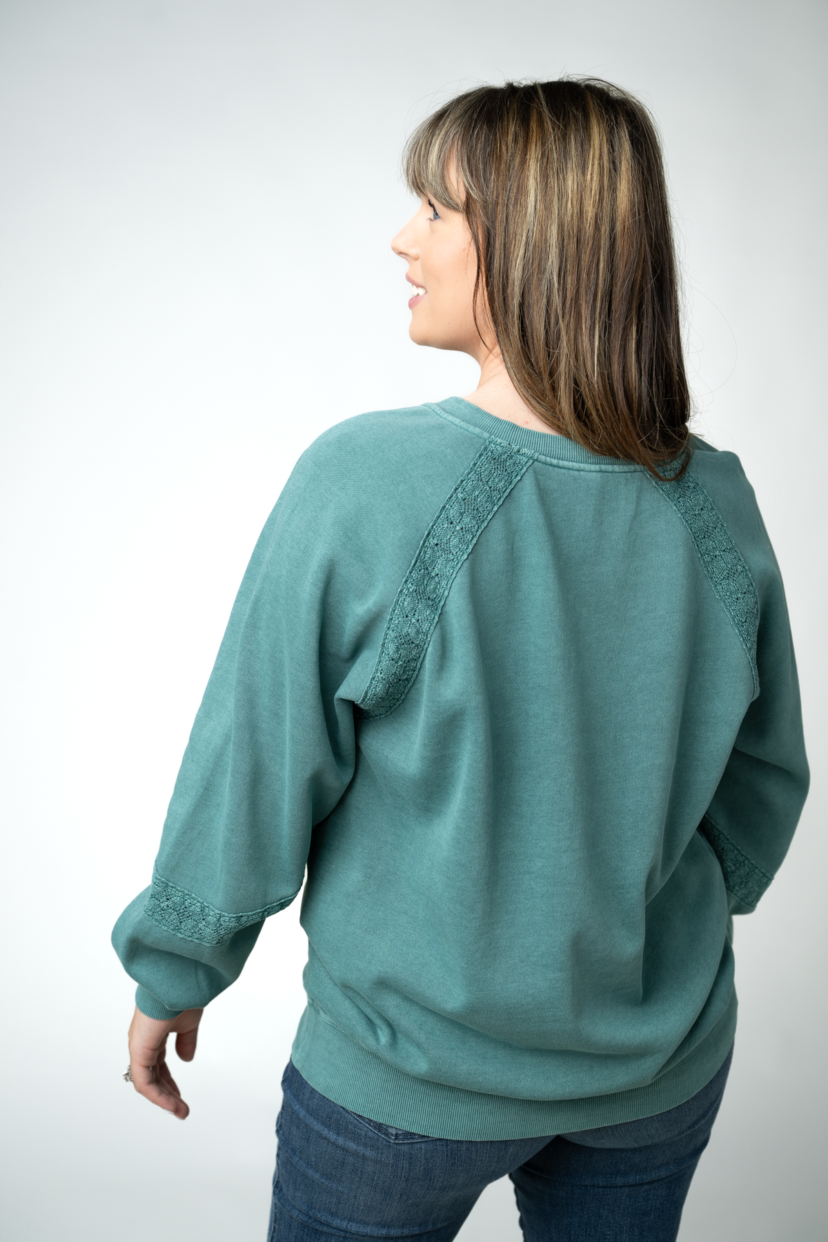 IN STOCK Lace Accent Vintage Wash Pullover - Teal by Michelle Mae