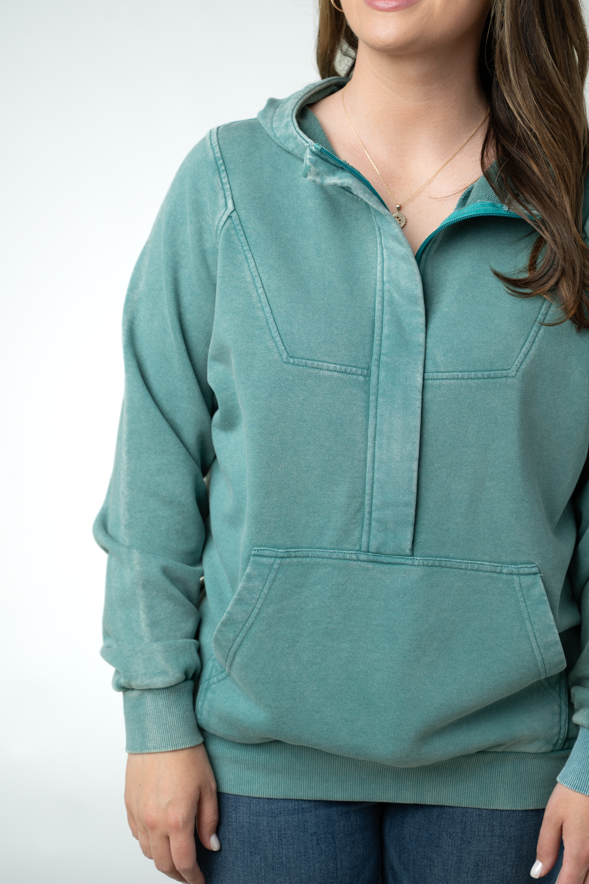 Ryker Vintage Wash Hoodie Teal Cotton Hidden Zipper Kangaroo