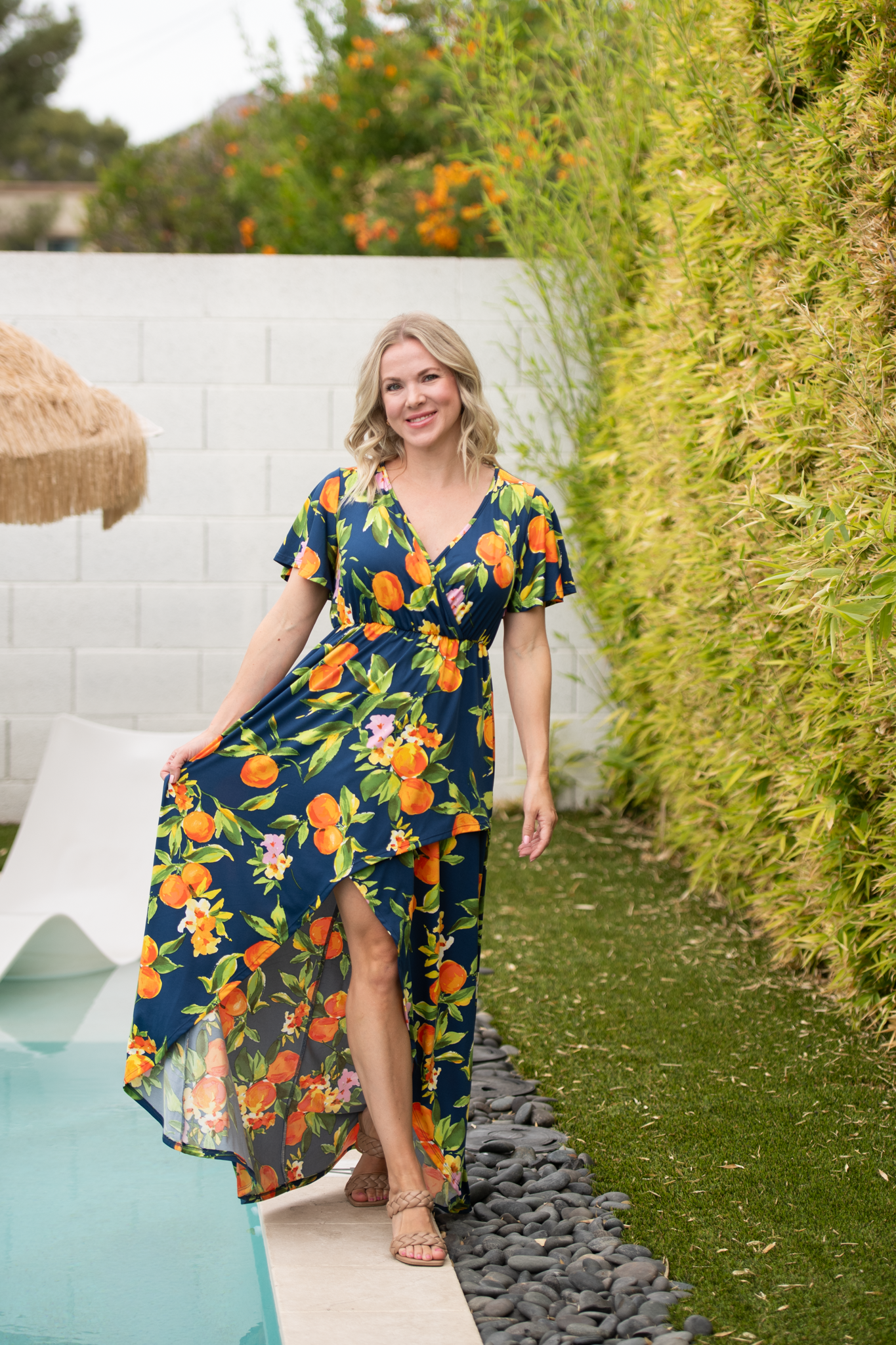 Harley Navy Citrus High Low Dress With Crossover Neckline And Pockets