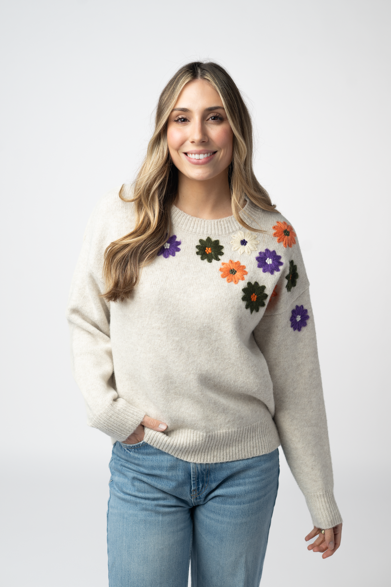 IN STOCK Fall Floral Sweater - Beige by Michelle Mae