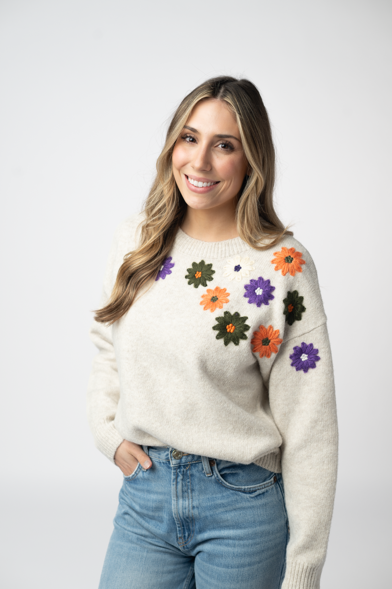 IN STOCK Fall Floral Sweater - Beige by Michelle Mae