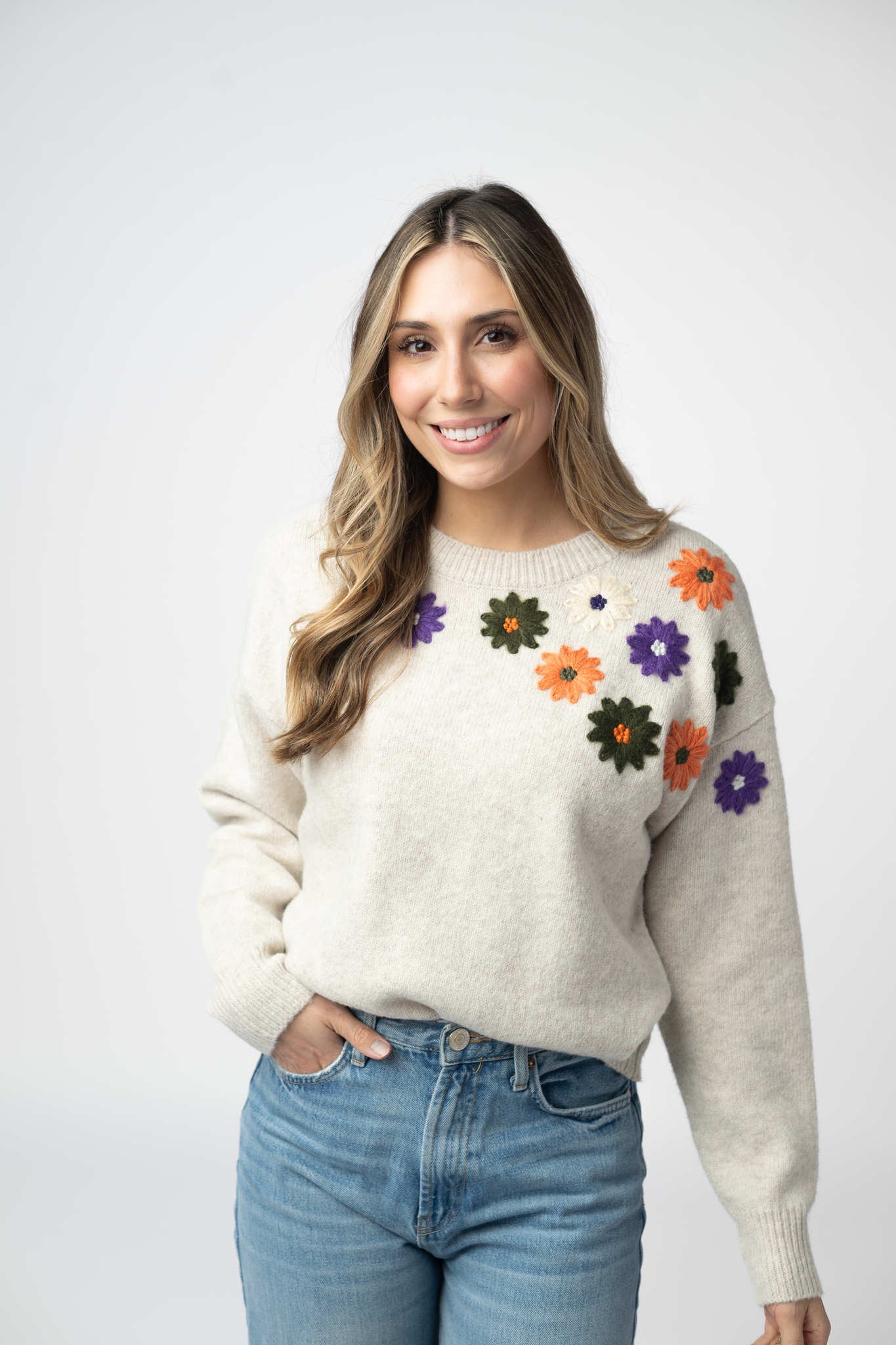 IN STOCK Fall Floral Sweater - Beige by Michelle Mae