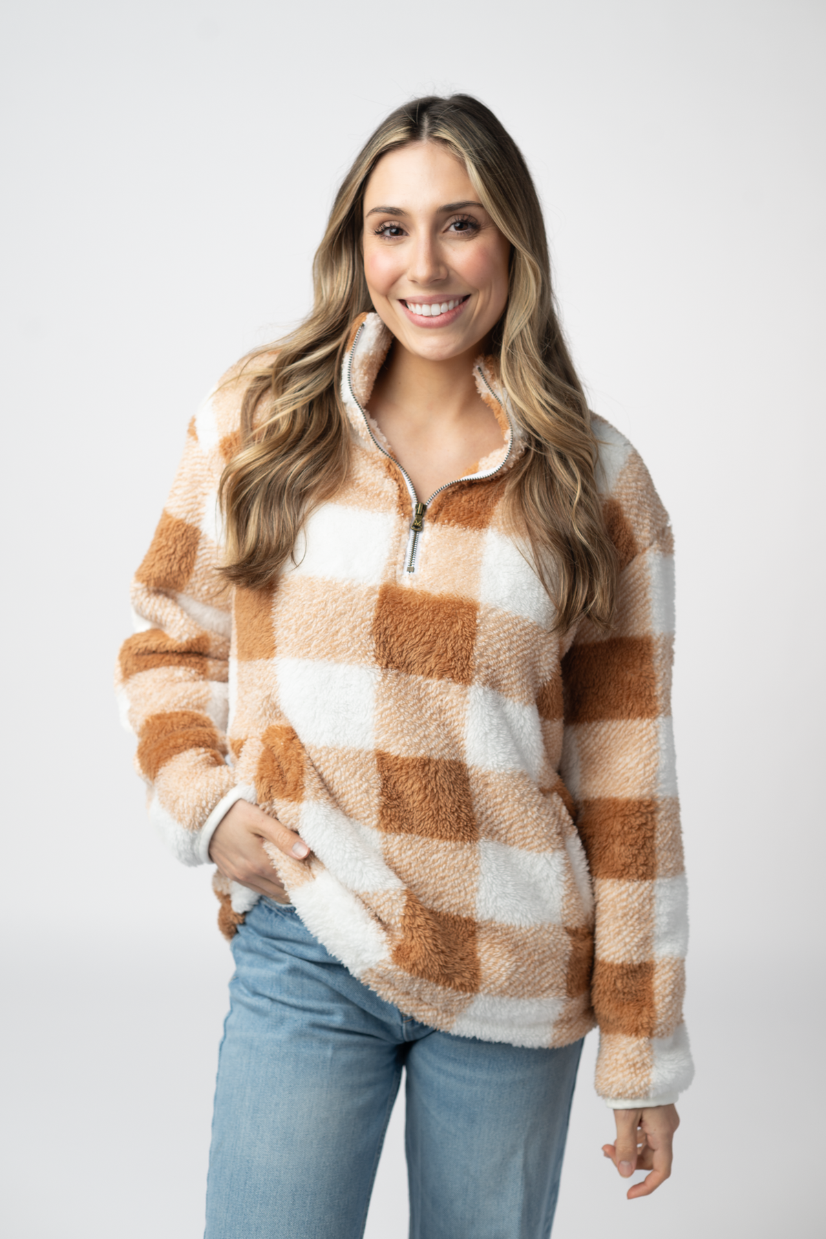 IN STOCK Sherpa Plaid Pullover - Camel by Michelle Mae