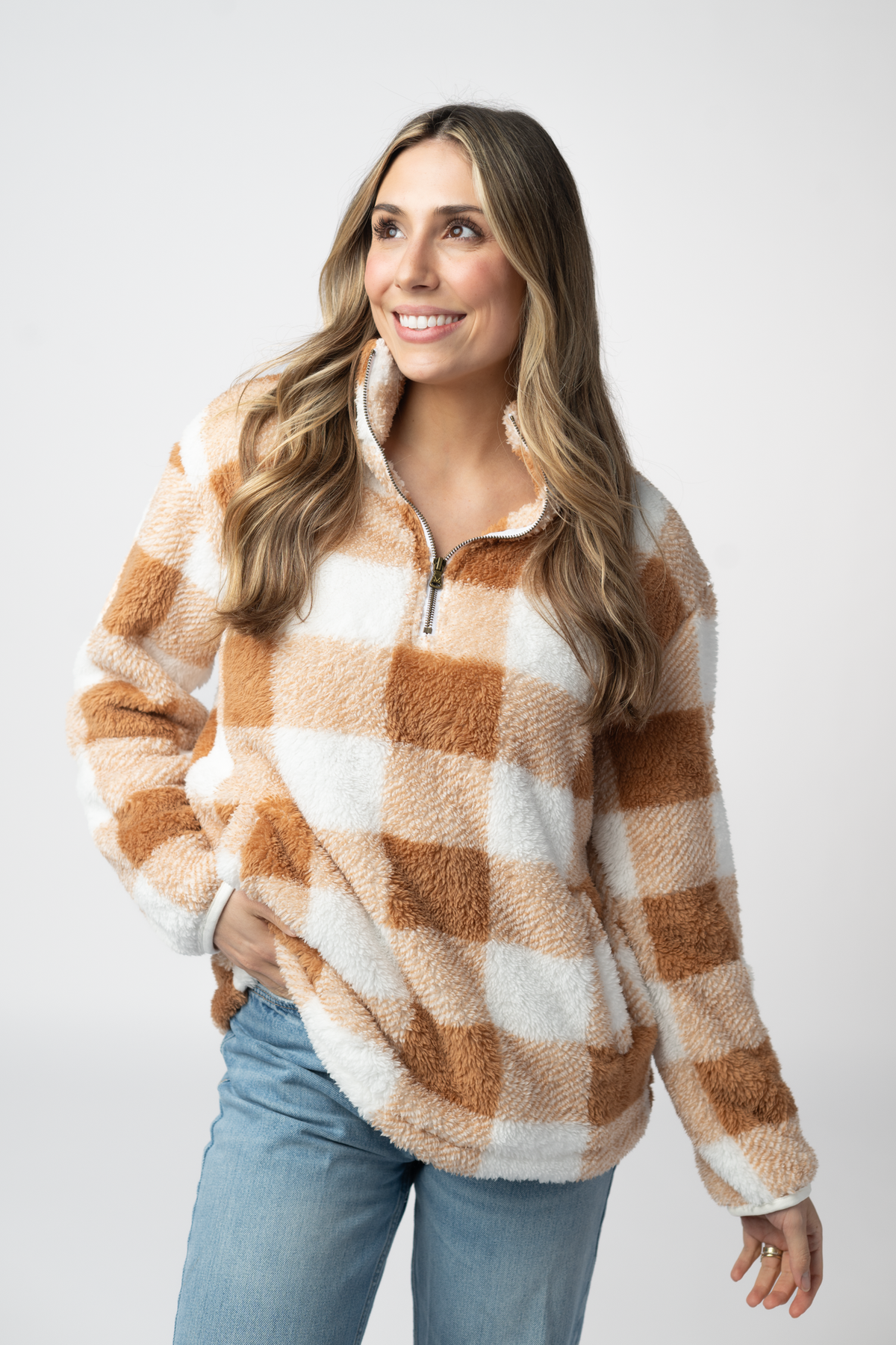 IN STOCK Sherpa Plaid Pullover - Camel by Michelle Mae
