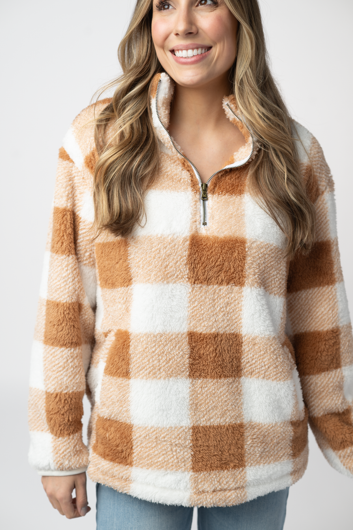 IN STOCK Sherpa Plaid Pullover - Camel by Michelle Mae