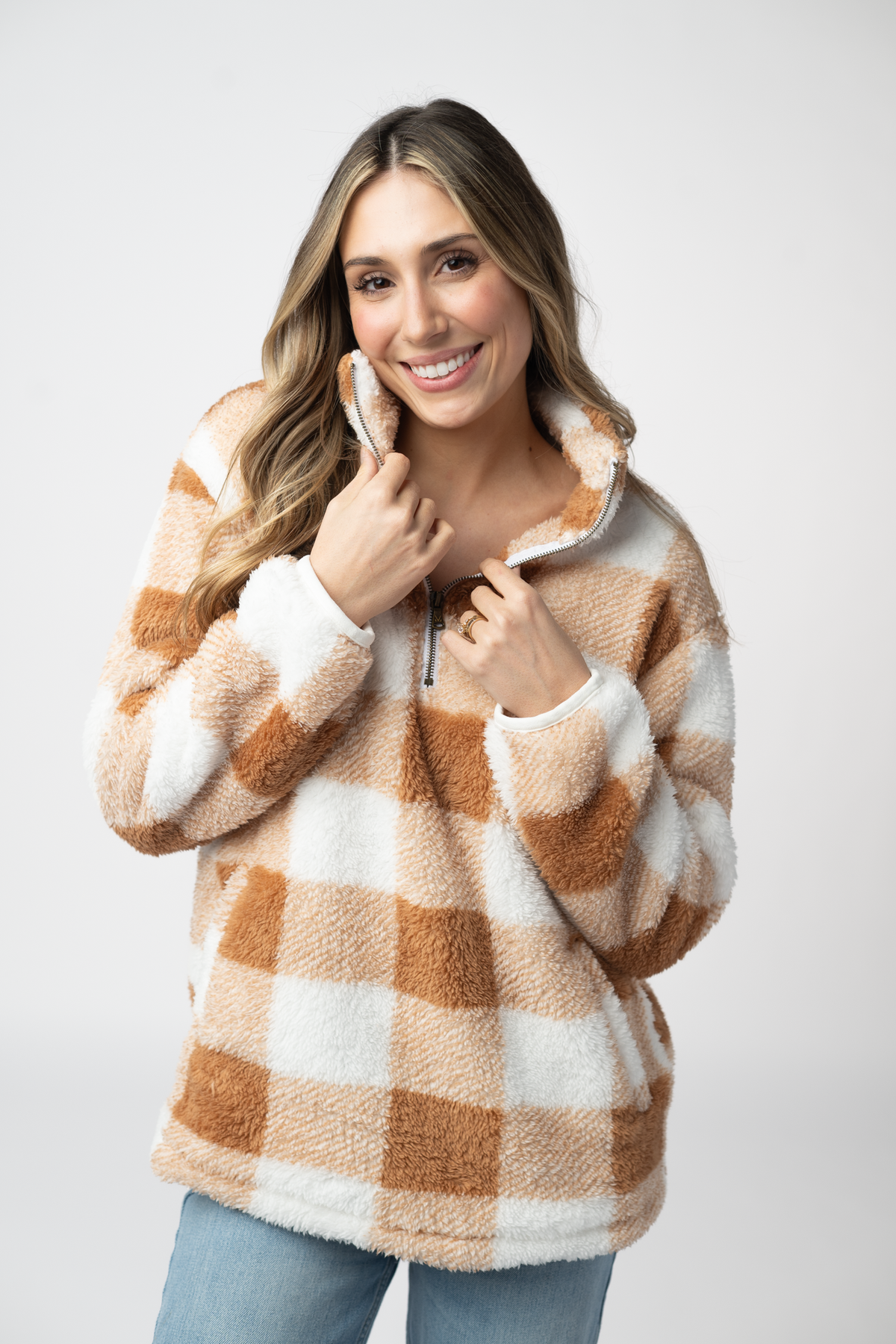 IN STOCK Sherpa Plaid Pullover - Camel by Michelle Mae
