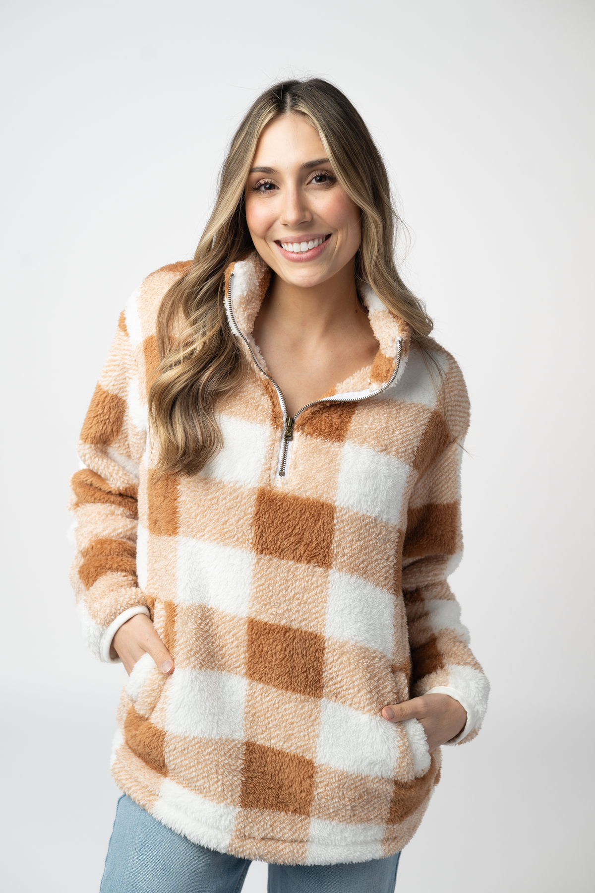 IN STOCK Sherpa Plaid Pullover - Camel by Michelle Mae